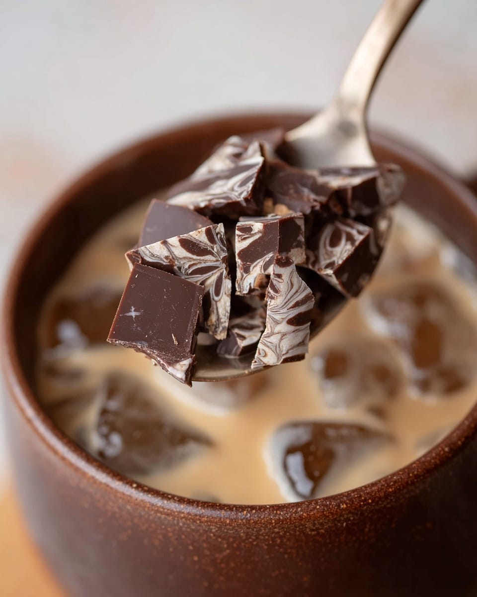 A close-up image of a spoon lifting several thin, folded pieces of dark brown and white marbled chocolate from a brown ceramic cup filled with iced coffee. The iced coffee is light brown with ice cubes floating on top, visible inside the cup. The background is blurred, and the focus is on the textured chocolate pieces and the creamy iced coffee beneath them. Photo taken with an iphone --ar 4:5 --v 7