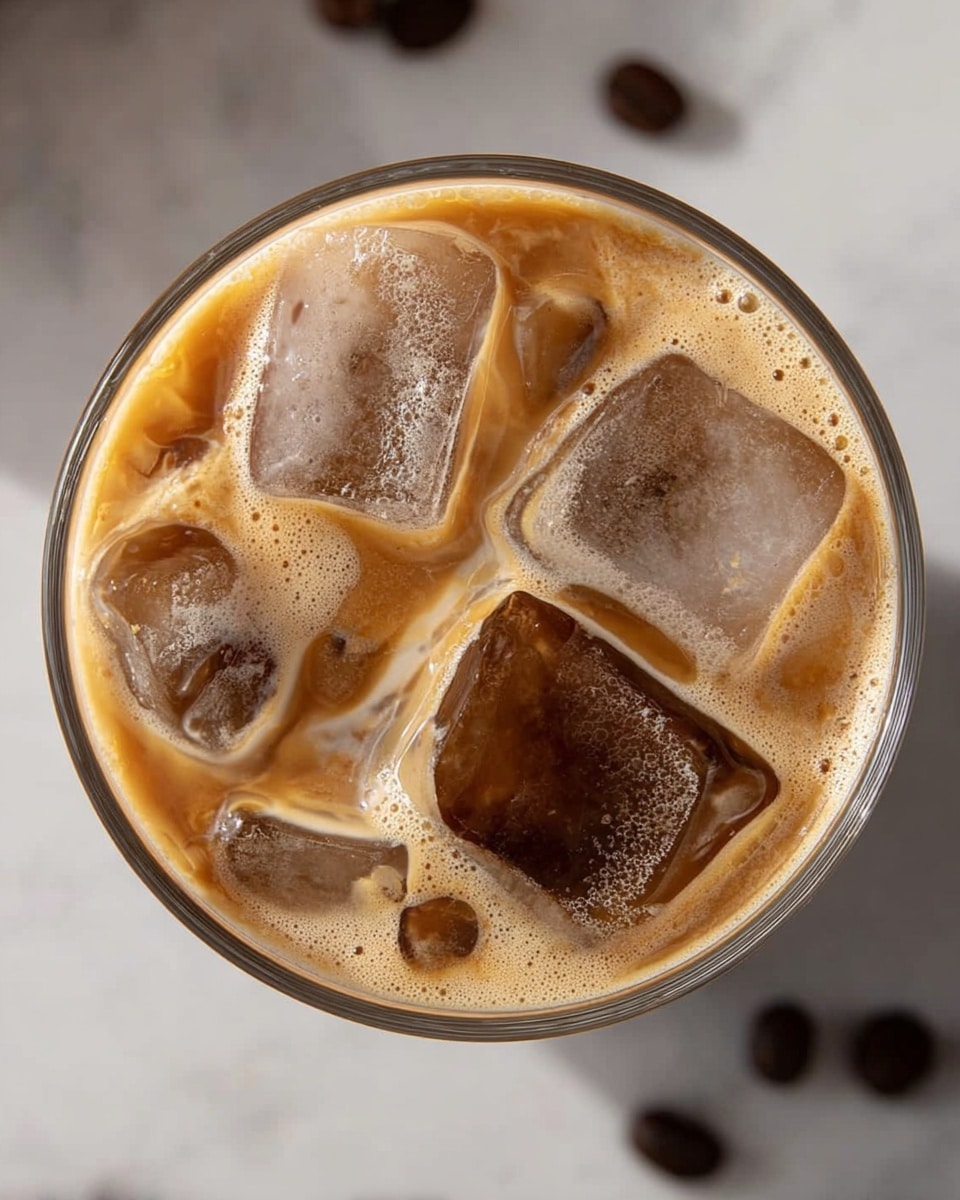 A close-up view from above shows a clear round glass filled with iced coffee. Inside, four large dark brown ice cubes float in light brown coffee with a creamy frothy layer on top, creating smooth bubbles and soft swirling patterns. The glass is set on a white marbled surface with a few scattered dark coffee beans nearby. The lighting highlights the glossy texture of the ice and foam, giving the drink a fresh and refreshing look. photo taken with an iphone --ar 4:5 --v 7