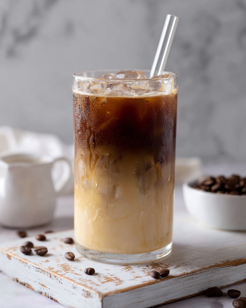 A clear glass with three visible layers of iced coffee sits on a rustic white wooden board over a white marbled surface. The bottom layer is a creamy off-white color, the middle layer is a light tan with a smooth texture, and the top layer is a rich dark brown coffee, slightly frothy with some ice cubes visible beneath the surface. A transparent straw is placed in the glass, leaning slightly to the right. Scattered coffee beans are on the board around the glass, and a white bowl with more coffee beans is blurred in the background. photo taken with an iphone --ar 4:5 --v 7