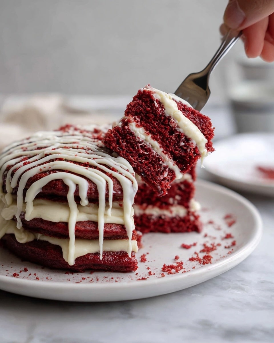 A three-layer stack of red velvet pancakes with deep red color and moist texture sits on a white plate, layered thickly with creamy white frosting between each pancake. The top is covered with a zigzag drizzle of the same white frosting that slightly drips down the sides. A silver fork held by a woman's hand lifts a piece from the stack, showing the fluffiness and the creamy frosting oozing lightly between the layers. The plate rests on a white marbled surface with some crumbs scattered around for a natural look. Photo taken with an iphone --ar 4:5 --v 7