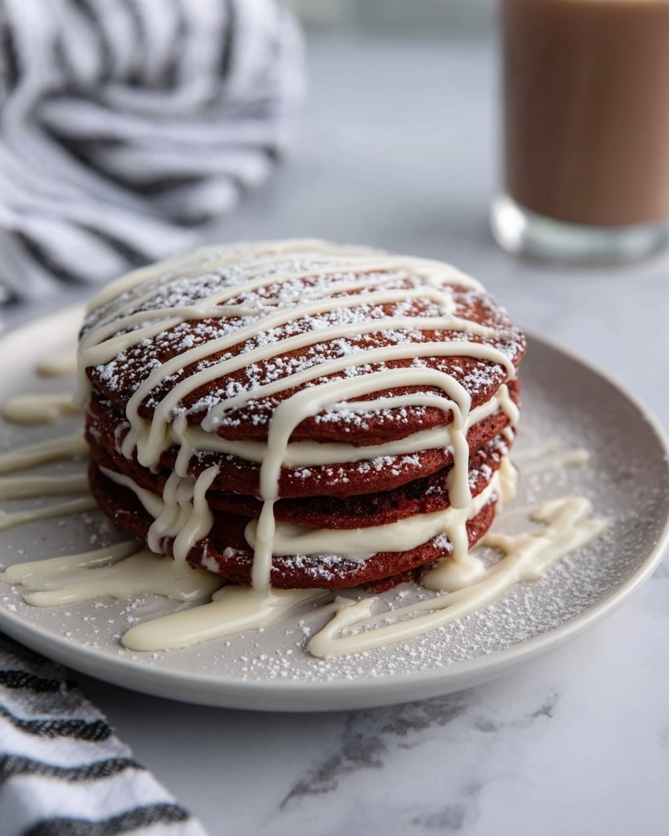 A stack of three thick red pancakes sits on a white plate, each pancake layered with creamy white frosting in between. The top pancake is dusted with powdered sugar and drizzled with thick white icing in uneven stripes, some dripping onto the plate around the edges. The plate rests on a white marbled surface. In the blurred background, there is a glass of chocolate milk and a white cloth with black stripes. photo taken with an iphone --ar 4:5 --v 7