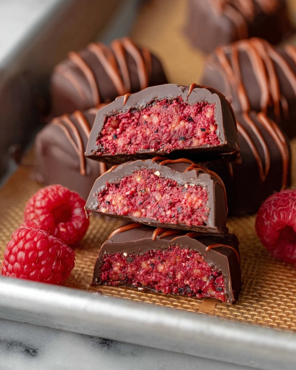 Several thick chocolate pieces are shown, cut in half to reveal a dense, red-pink filling with small nut-like bits inside. The outer layer is smooth, dark brown chocolate with some drizzled lines on top. The filling has a chunky texture and fills each piece fully, sitting just under the chocolate shell. The chocolate pieces rest closely together on a baking tray lined with a textured mat, with a few fresh red raspberries placed nearby. The scene is set on a white marbled surface. photo taken with an iphone --ar 4:5 --v 7