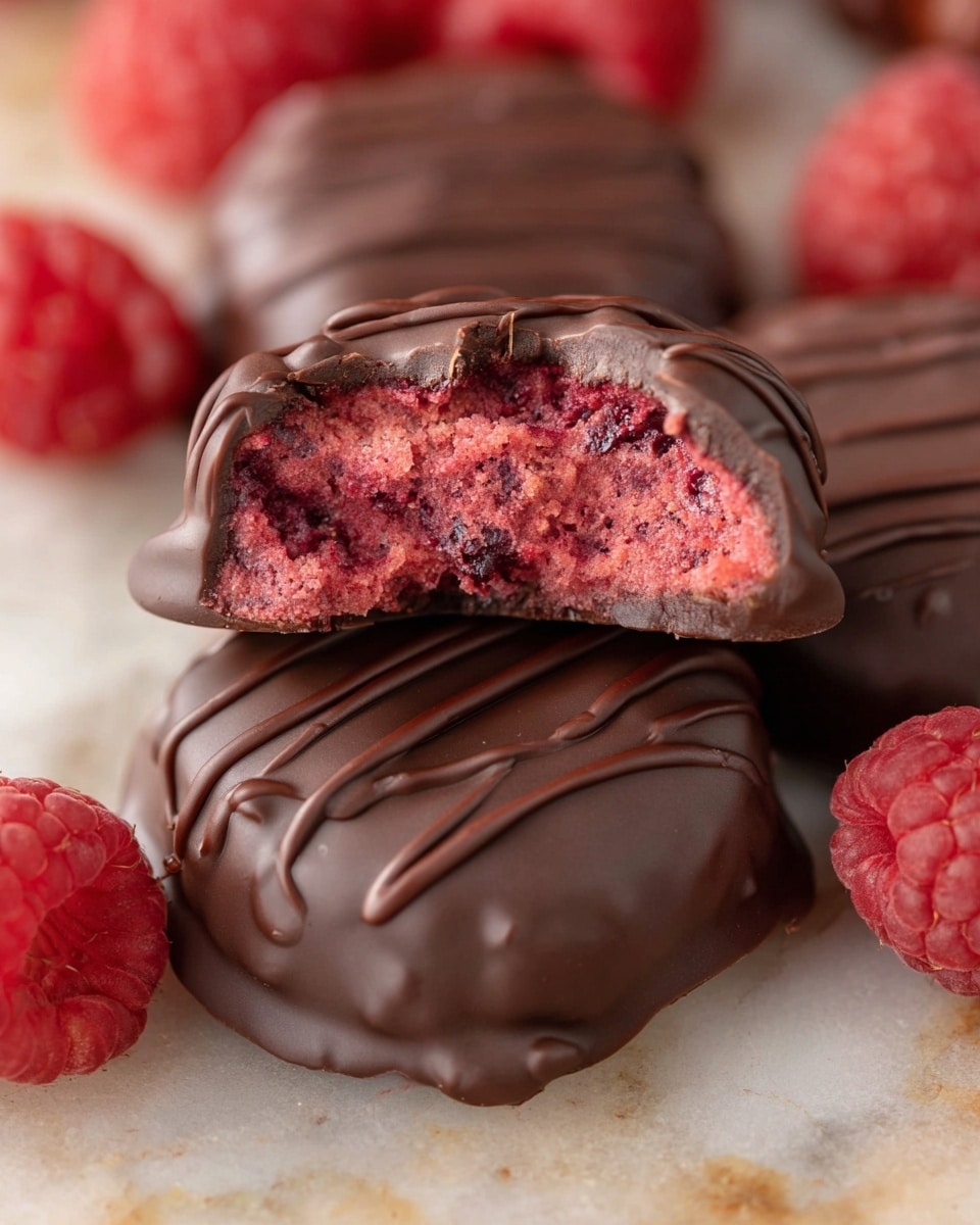 The image shows three round chocolate-covered treats with a smooth, glossy dark brown outer layer. One treat is broken open on top, revealing a thick, textured reddish-pink filling made of crushed raspberries inside. Light streaks of chocolate drizzle decorate the top of each treat. There are fresh raspberries blurred in the background, all placed on a white marbled textured surface. photo taken with an iphone --ar 4:5 --v 7
