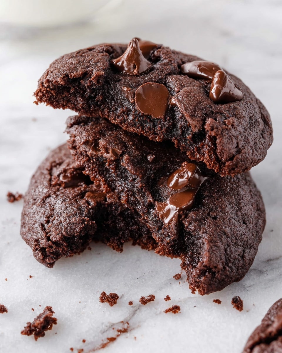 A close-up view of two dark brown, soft chocolate cookies stacked on top of each other on a white marbled texture. The top cookie is broken in half, showing a moist, dense interior filled with melted chocolate chips, which also cover the surface of the cookies. Some chocolate smudges and crumbs are scattered around the cookies on the white marbled texture. photo taken with an iphone --ar 4:5 --v 7