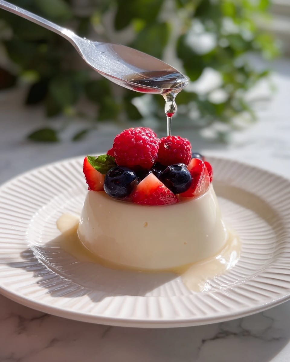 A smooth, creamy panna cotta dessert sits centered on a white plate with a subtle ridged pattern around the edge. On top, several fresh berries create the second layer: bright red raspberries, dark blue blueberries, and sliced red strawberries with white interiors add vibrant color and texture. A spoon hovers above, dripping a clear syrup over the fruit, showing a shiny, wet texture on the berries. The setting includes a soft green leafy plant blurred in the background and the dessert shines softly in natural light on a white marbled surface. photo taken with an iphone --ar 4:5 --v 7
