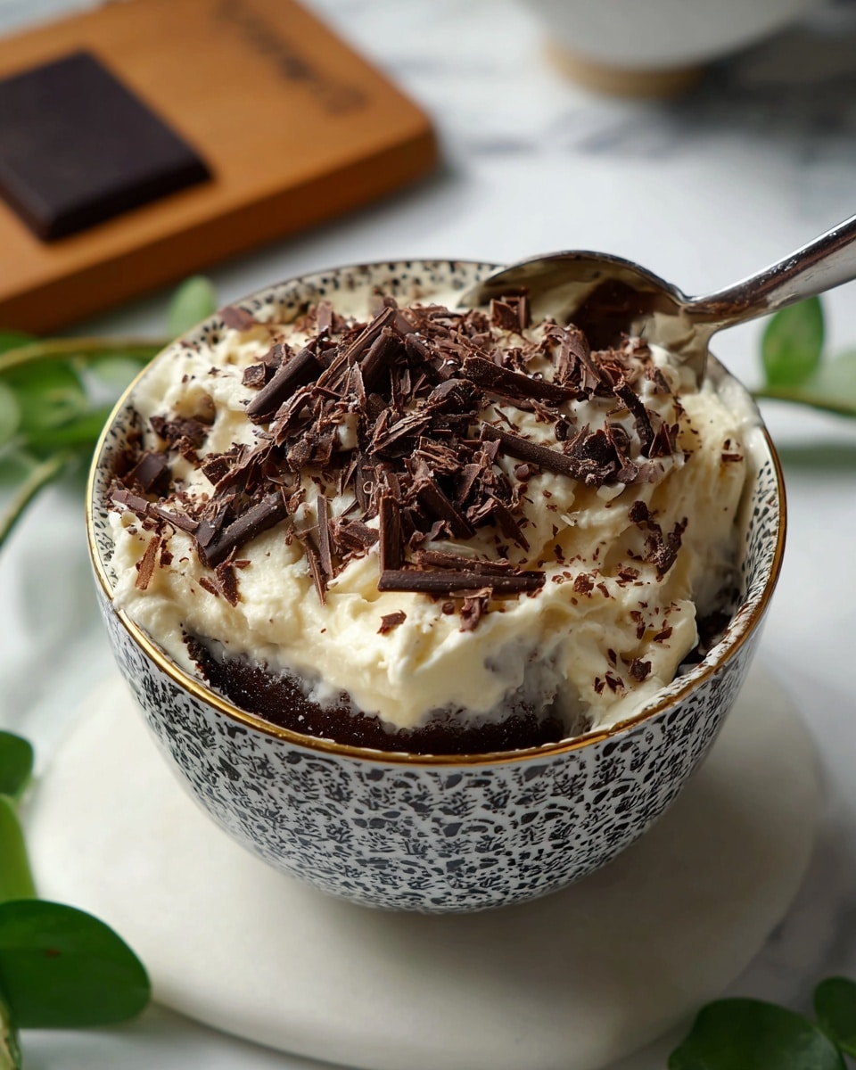 A patterned bowl holds a layered dessert starting with a dark brown base that looks moist and rich. Above this is a light, fluffy creamy layer with a smooth texture, covering most of the dessert. The top is generously sprinkled with dark chocolate curls that add texture and a contrast in color. A spoon rests inside the bowl, angled towards the viewer. The bowl sits on a white marbled surface with some green leaves and a wooden board with a dark square piece in the blurred background. Photo taken with an iphone --ar 4:5 --v 7