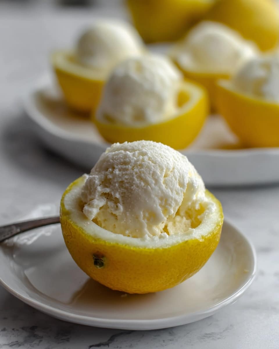 A close-up of a lemon half filled with a scoop of creamy white ice cream, showing a textured surface on the ice cream with a slightly melty edge where it meets the bright yellow lemon rind. In the background, more lemon halves filled with the same ice cream are placed on a white plate, all set on a white marbled surface. The focus is on the front lemon cup, with soft blurred lemons and a spoon nearby adding depth to the image, highlighting the fresh and cool dessert. photo taken with an iphone --ar 4:5 --v 7