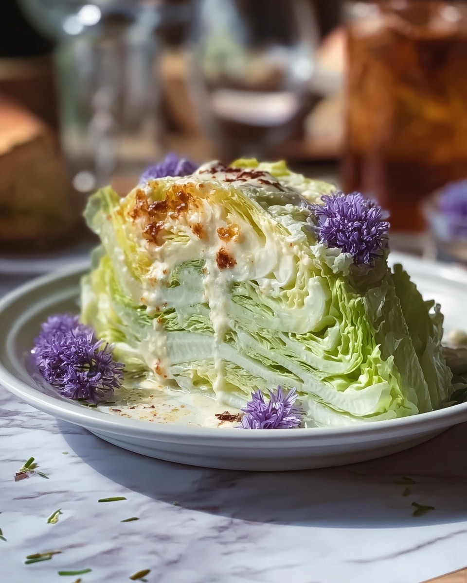 A close-up image of a wedge salad served on a white plate, showing a thick, layered wedge of pale green lettuce with ruffled edges. The top layer has a creamy dressing with a few brown spots on it, and small purple edible flowers are placed decoratively on the sides of the wedge. The scene is set on a white marbled surface with blurred elements in the background, including a large glass and a hint of a roasted brown item. The lighting highlights the texture and freshness of the lettuce layers and dressing. Photo taken with an iphone --ar 4:5 --v 7