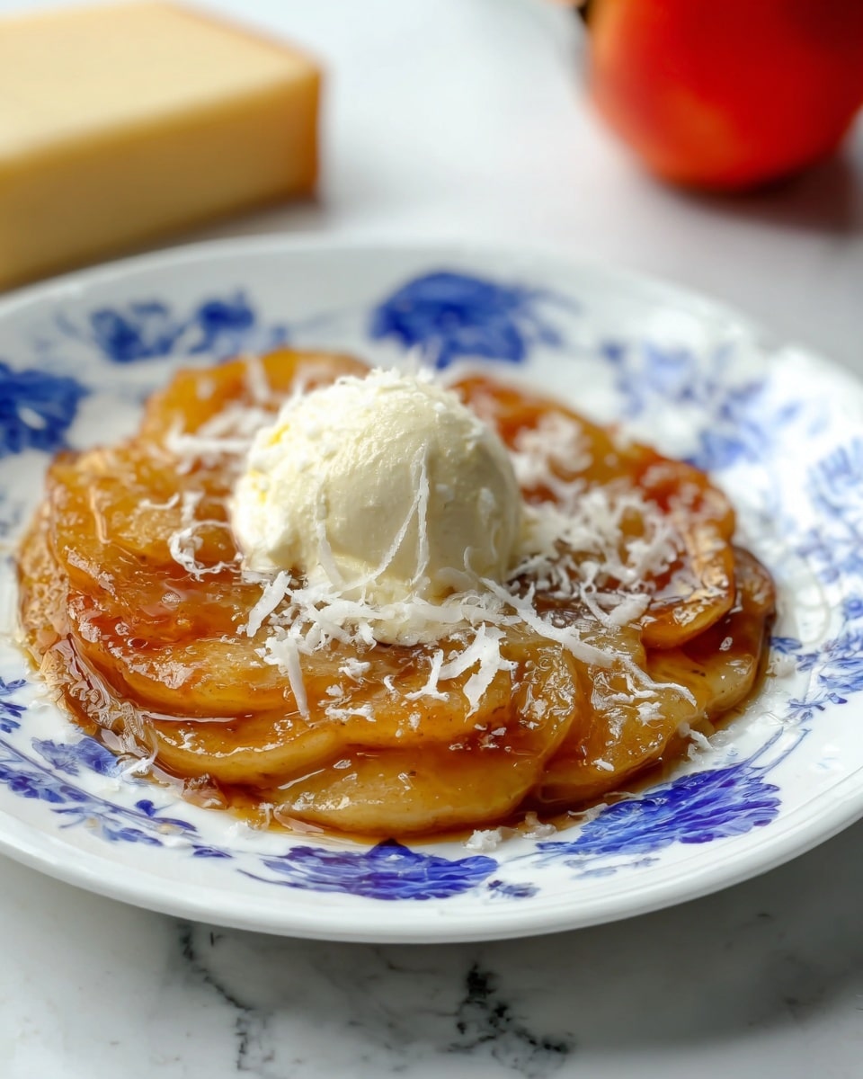 The dish shows a single layer of cooked, soft, golden-brown apple slices with a shiny, caramelized texture, topped with a scoop of white creamy ice cream in the center, sprinkled with fine white shreds of cheese or coconut. It is served on a white plate decorated with blue floral patterns and placed on a white marbled surface. In the background, there's a blurred block of cheese and a red object. Photo taken with an iphone --ar 4:5 --v 7