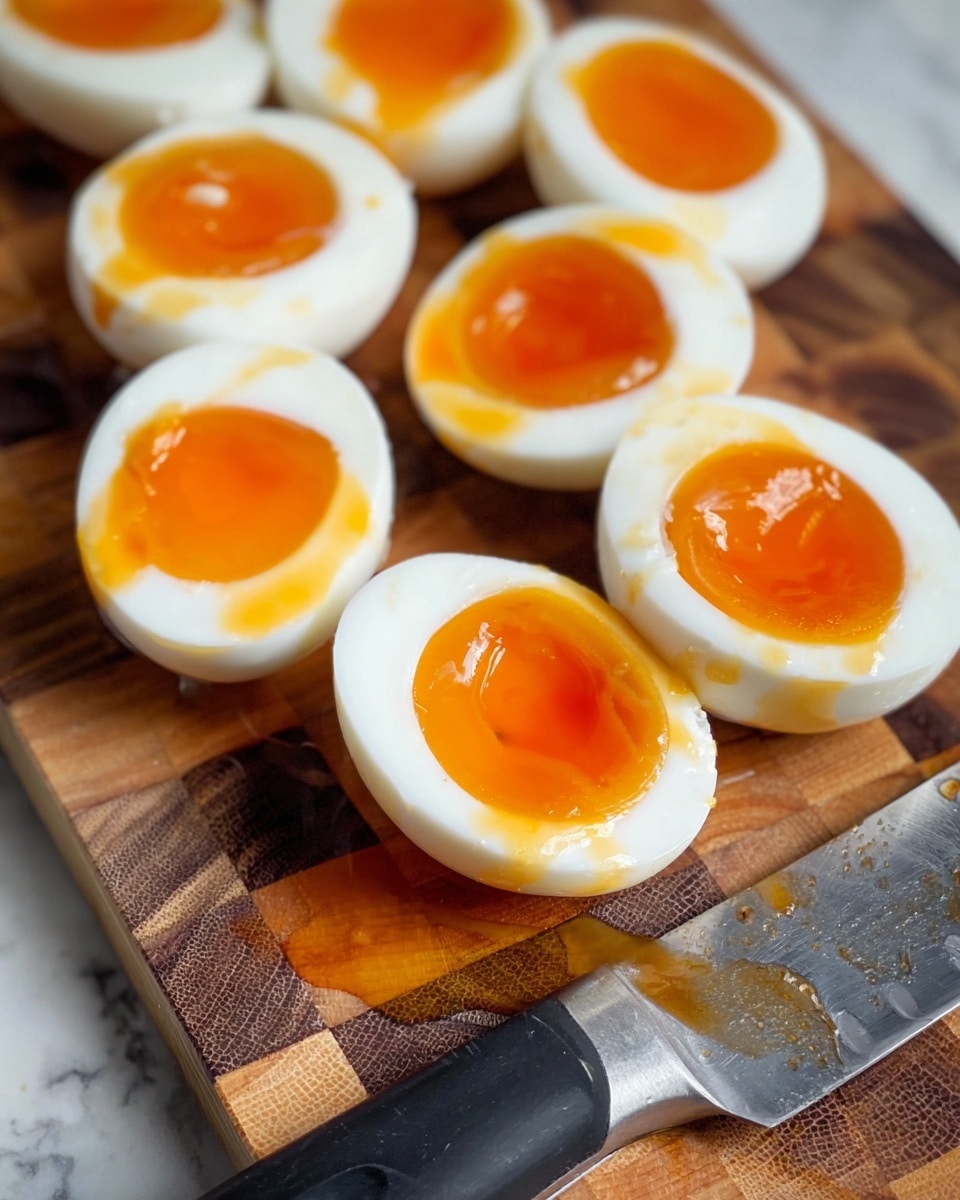 The image shows several soft-boiled eggs cut in half, placed on a wooden checkered cutting board. Each egg has two visible layers: the smooth, white outer layer of firm egg white, and the bright orange, slightly glossy, runny yolk at the center. The yolks have a rich, creamy texture with some dripping slightly onto the board. A knife with a black handle and a shiny blade, smeared with a bit of yolk, lies on the board near the eggs. The background is a white marbled texture. photo taken with an iphone --ar 4:5 --v 7