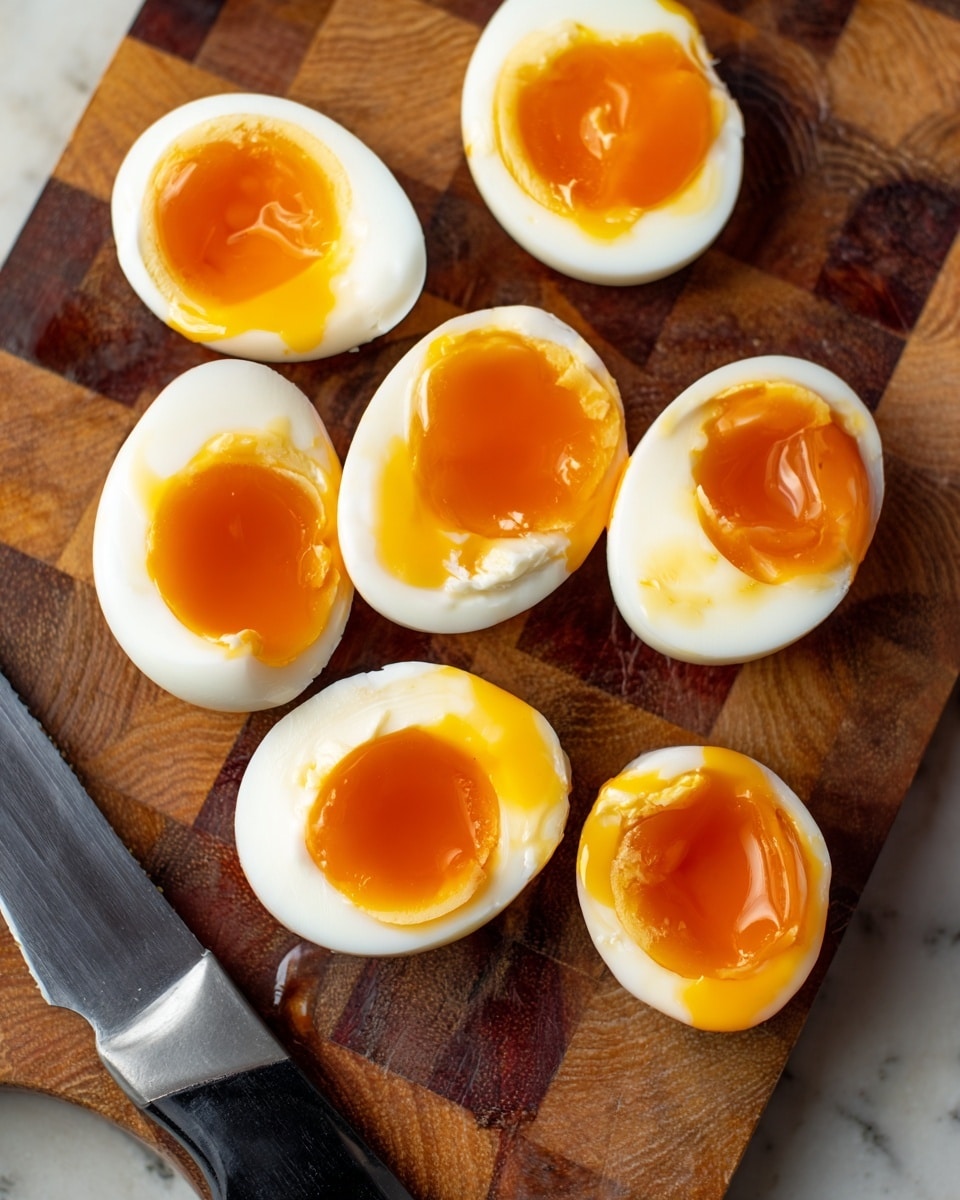 A close-up view of six soft-boiled eggs cut in half, arranged on a checkered wooden cutting board. Each egg has two visible layers: a smooth white outer egg white surrounding a glossy, rich orange yolk with a slightly runny texture in the center. A silver knife with a black handle is placed at the bottom left corner, resting on the board. The entire scene is set against a white marbled texture. Photo taken with an iphone --ar 4:5 --v 7