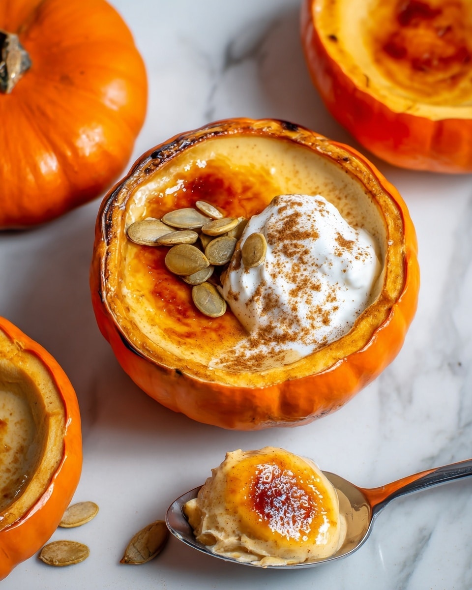 The image shows a small pumpkin cut in half and hollowed out, filled with creamy pumpkin custard that has a caramelized, shiny brown top layer with a burnt sugar texture. On one side of the custard, there is a dollop of white whipped cream sprinkled with cinnamon and several roasted pumpkin seeds. The pumpkin shell is bright orange with a slightly charred inner edge. A silver spoon holds a scoop of the custard, showing smooth, light orange creamy texture with some caramelized pieces on top. The pumpkins sit on a white marbled surface with another whole pumpkin in the background. photo taken with an iphone --ar 4:5 --v 7