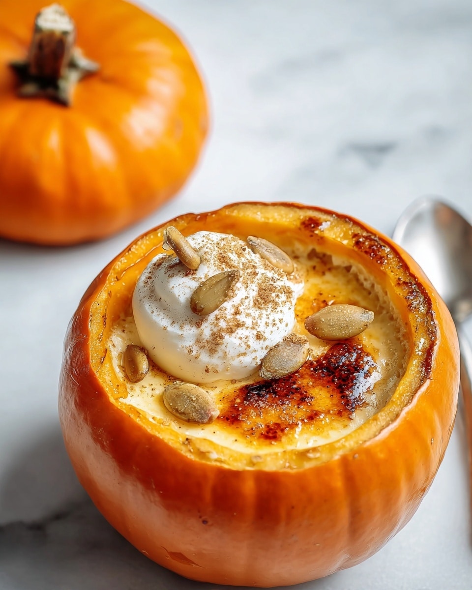 A small hollowed-out orange pumpkin serves as a bowl, filled with creamy golden dessert that has a smooth and slightly caramelized top layer with a burnt sugar texture. A dollop of white whipped cream sits on one side, lightly sprinkled with brown cinnamon or nutmeg powder, garnished with a few toasted pumpkin seeds. The pumpkin’s thick orange skin contrasts with the creamy dessert inside. The pumpkin lid with the stem is placed blurred in the background, all set on a white marbled surface. Photo taken with an iphone --ar 4:5 --v 7