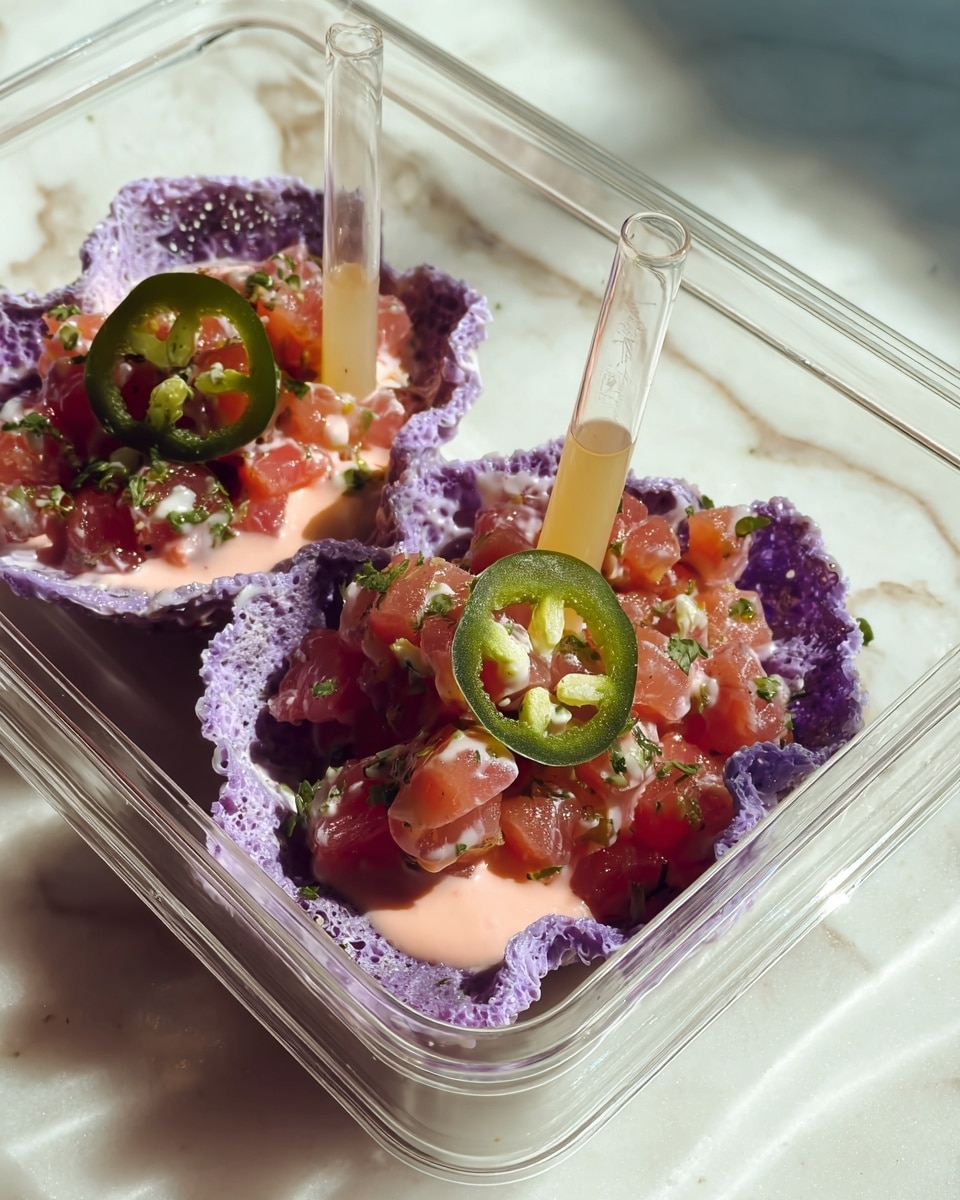 The dish shows two purple crispy bowls with a bubbly texture, each filled with small cubes of raw red fish mixed with green herbs and topped with a smooth pink sauce. Each bowl has a slice of fresh green chili on top, adding a bright contrast. A clear plastic pipette filled with a light yellow liquid is placed upright inside each bowl. These bowls sit inside a clear rectangular container, all set on a white marbled texture. The light shines softly on the food, highlighting the vibrant colors and textures. Photo taken with an iphone --ar 4:5 --v 7