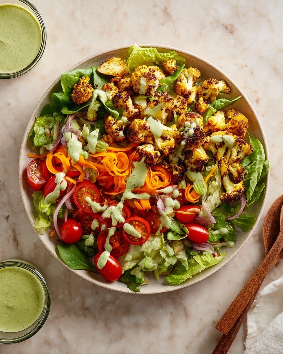 A close-up of a white bowl filled with a colorful salad that has three main layers: the bottom layer is fresh green lettuce and spinach leaves, the middle layer contains roasted cauliflower pieces with dark brown grilled spots and orange carrot ribbons curled on top, and the top layer includes sliced cherry tomatoes and thinly sliced onions. A spoon covered in creamy light green dressing is held above the salad, ready to pour the sauce. The bowl is placed on a white marbled surface, with a stack of white plates and a silver knife in the background. Photo taken with an iphone --ar 4:5 --v 7