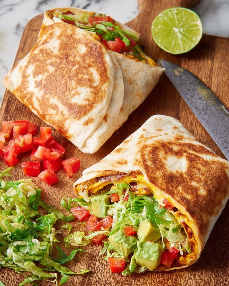 A close-up of a folded wrap cut in half and stacked, showing three main layers inside the soft white flatbread: the bottom layer has a chunky, dark brown lentil and sauce mixture, above it is a thick yellow scrambled egg or tofu layer with a creamy texture, and the top layer has bright green shredded lettuce mixed with red tomato pieces and light green avocado or guacamole chunks. The wrap is resting on a wooden board with some sauce and bits scattered around, all set on a white marbled surface with a pale green background. photo taken with an iphone --ar 4:5 --v 7