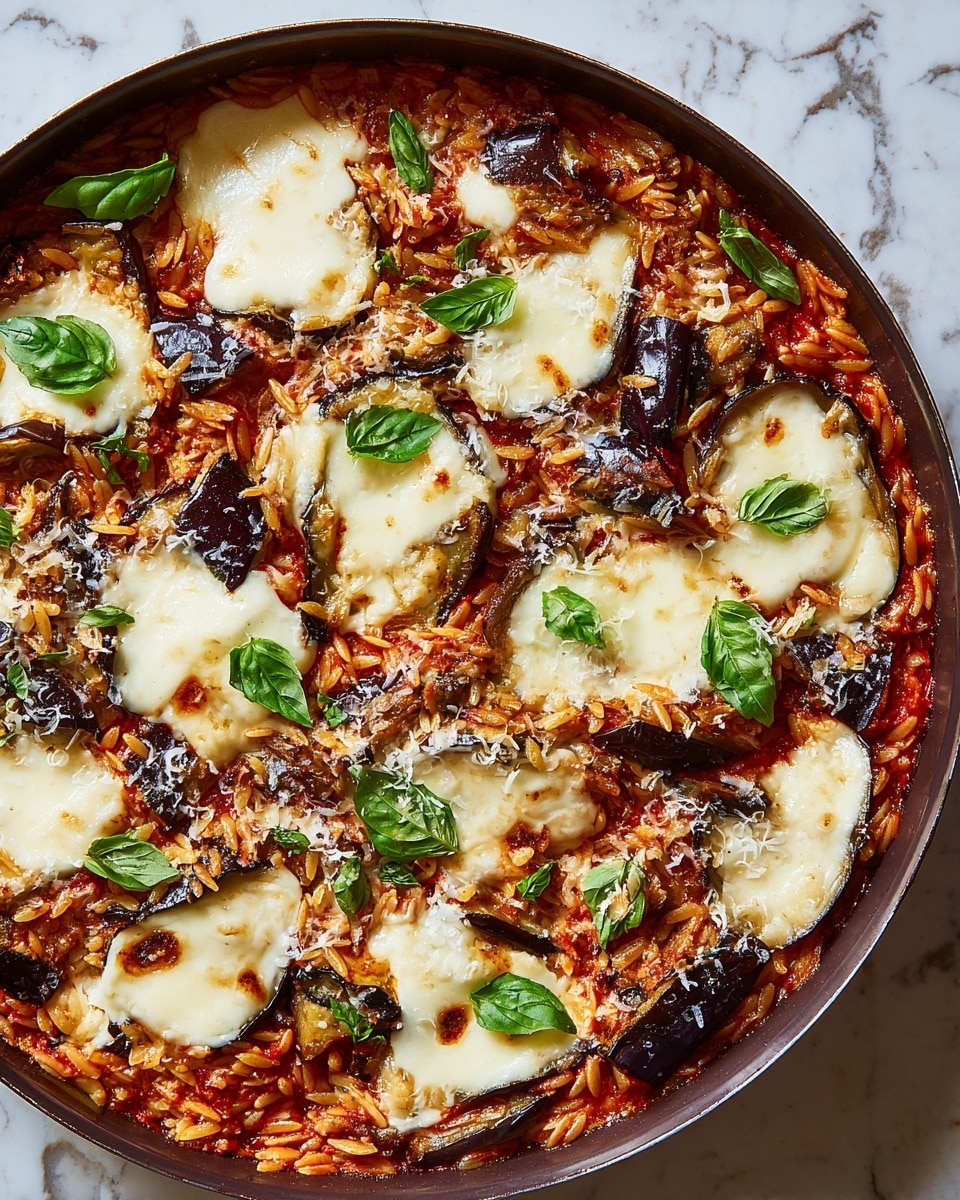 A round metal pan holds a baked dish with a base layer of red tomato sauce mixed with shredded orange rice, dotted with charred, dark brown and purple eggplant pieces. On top, there are thick melted white and golden browned cheese layers scattered, stretching as a wooden spatula lifts one portion. There are small fresh green basil leaves spread over the cheese and tomato mixture. The pan is placed on a white marbled surface, and in the background, a wooden bowl with fresh green leaves is partially visible. Photo taken with an iphone --ar 4:5 --v 7