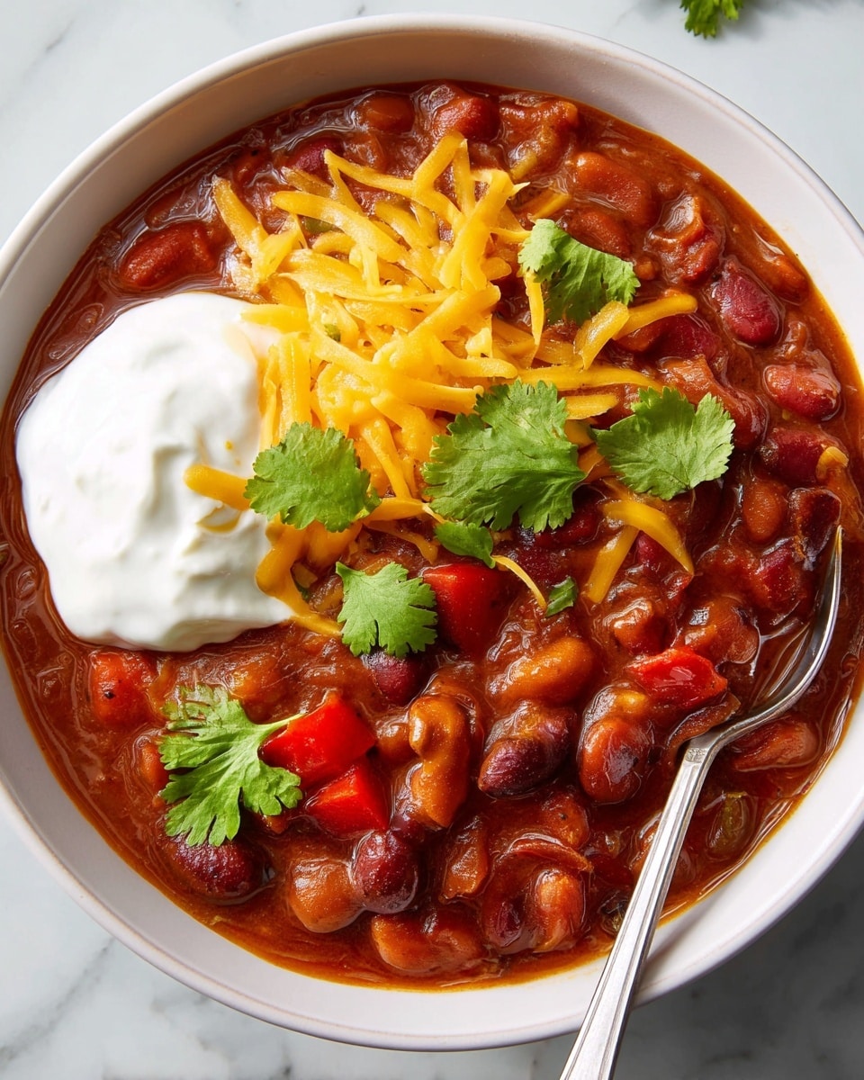 A bowl of thick chili filled with different types of beans, red bell peppers, and chunks of tomato, all in a rich dark red sauce. The chili is topped with a dollop of white sour cream placed to the left center, with bright yellow shredded cheddar cheese spread over the top and a few fresh green cilantro leaves scattered on the surface. A silver spoon rests in the right side of the bowl, which is white. The background is a white marbled texture. Photo taken with an iphone --ar 4:5 --v 7