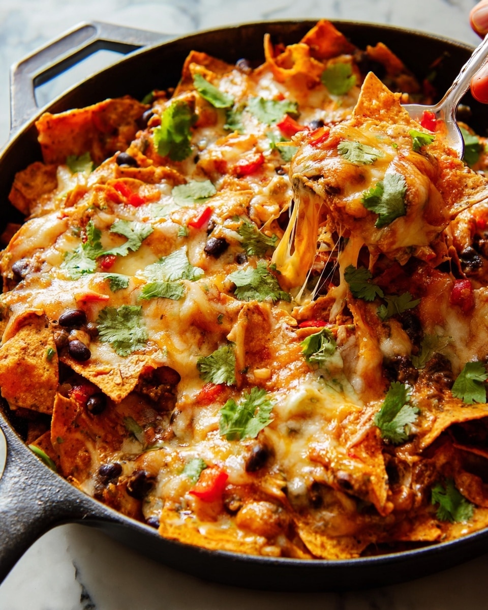 A close-up of a skillet filled with layers of nachos starts with orange, crispy tortilla chips as the first layer, topped with black beans and small chunks of red bell pepper. The second layer shows melted golden cheese stretching as a woman's hand lifts a portion with a spoon, while scattered fresh bright green cilantro leaves add a fresh touch on top. The skillet sits on a white marbled surface, emphasizing the vibrant colors and textures of the melted cheese, beans, and crisp chips. photo taken with an iphone --ar 4:5 --v 7