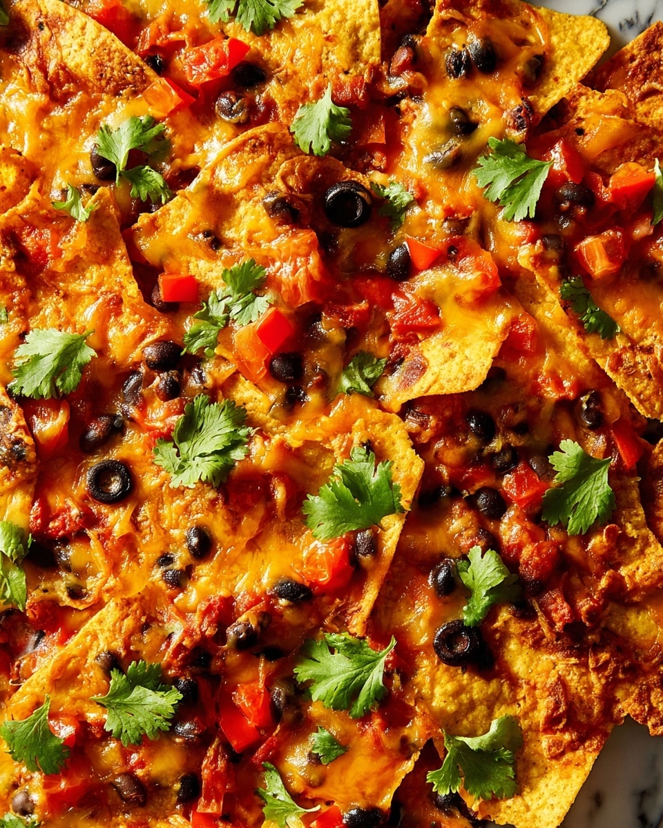 The dish shows many crispy yellow corn tortilla chips covered with melted golden-yellow cheese, bright red tomato sauce, black beans, and diced red bell peppers. Scattered fresh green cilantro leaves garnish the top layer, adding a fresh touch to the rich colors of the chips and sauce. The texture looks gooey from the melted cheese and slightly crispy from the chips with a mix of soft beans and vegetables. The image background has a white marbled texture. photo taken with an iphone --ar 4:5 --v 7