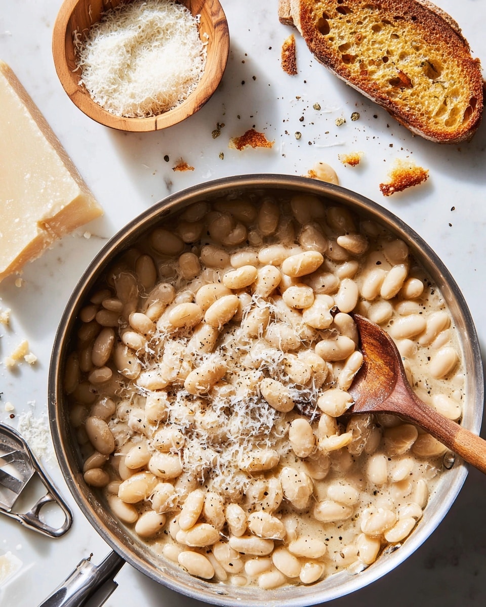 A close-up view of a white plate filled with a creamy white bean stew. The dish shows one main layer of whole, soft-looking beige beans in a light, creamy sauce with specks of black pepper scattered throughout. On top, there are small sprinkles of grated white cheese adding a textured layer. A piece of toasted golden-brown bread is placed on the upper right side of the plate, slightly overlapping the beans. A silver spoon is resting on the left side of the plate, partially submerged in the stew, holding several beans. The plate sits on a white marbled surface. Photo taken with an iphone --ar 4:5 --v 7