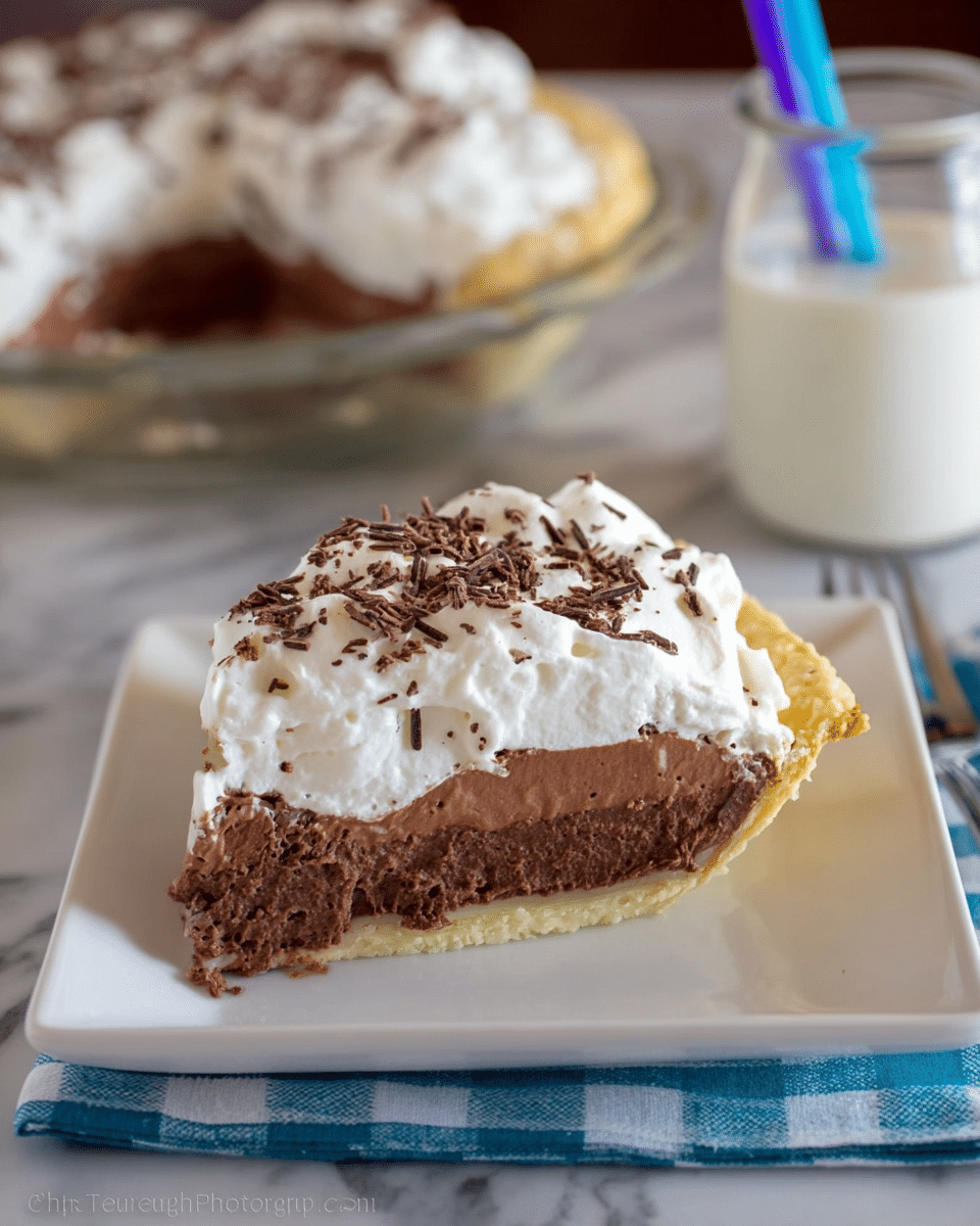 The image shows a thick slice of chocolate pie on a white square plate with soft edges. The pie has three clear layers: a light, thin crust at the bottom, a thick, dense middle layer of chocolate filling with a smooth and rich texture, and a thick top layer of fluffy white whipped cream sprinkled with small chocolate shavings. The plate sits on a blue and white checkered cloth, placed on a white marbled surface. In the background, there is a blurred glass pie dish with the rest of the pie and a clear glass bottle of milk with two straws, one purple and one blue, sticking out. Photo taken with an iphone --ar 4:5 --v 7