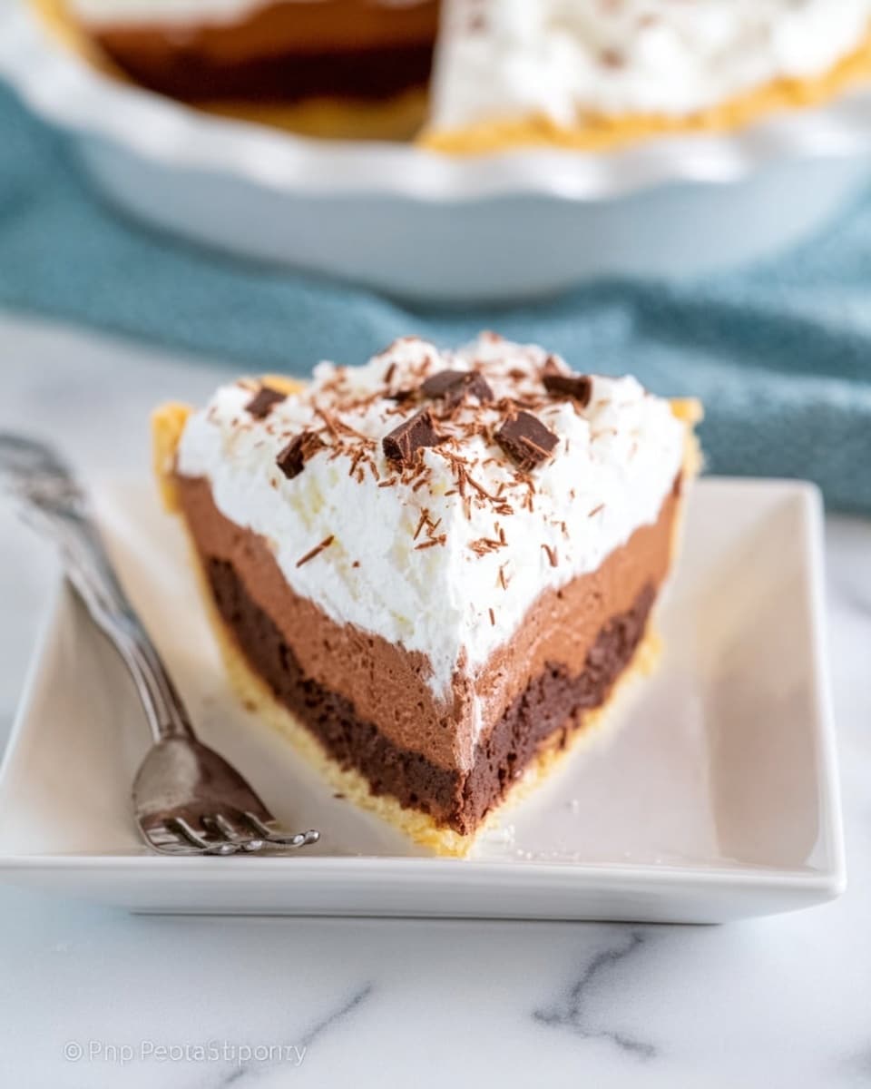 The image shows a single slice of pie placed on a white square plate with a silver fork next to it. The pie has three visible layers: the bottom layer is a thin, light golden crust; the middle layer is thick with a smooth, rich chocolate mousse that looks creamy and slightly fluffy; the top layer is a dollop of white whipped cream with soft peaks. The whipped cream is sprinkled with fine chocolate shavings and small chocolate curls, adding texture and decoration. The background is a white marbled surface, and the full pie is slightly blurred in the background with a light blue cloth underneath the pie dish. photo taken with an iphone --ar 4:5 --v 7