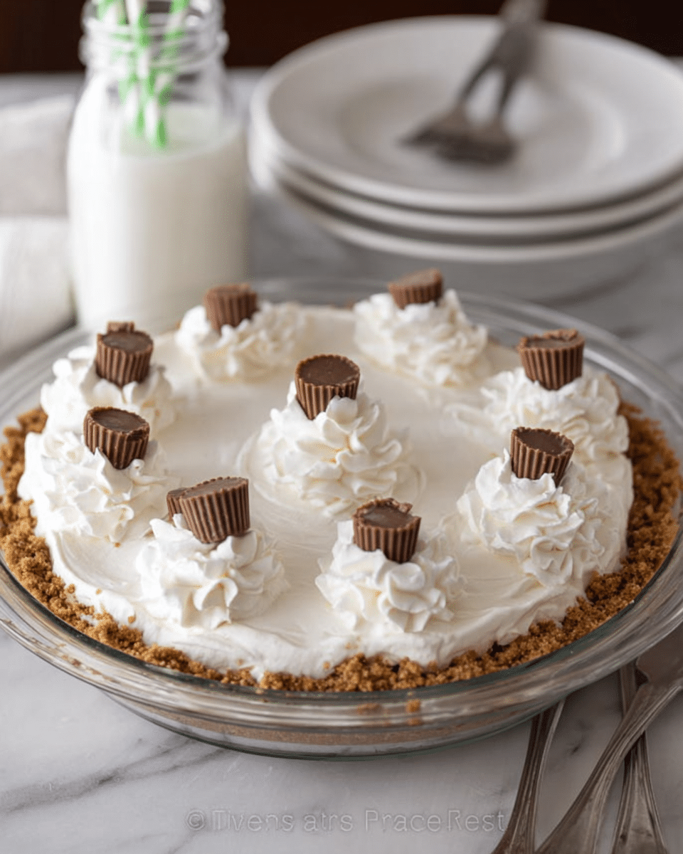 The image shows a creamy white pie in a clear glass pie dish with a crumbly brown crust visible at the bottom layer. The pie has a smooth, thick layer of white filling topped with white whipped cream piped in swirls evenly around the edge and one swirl in the center. Each whipped cream swirl is decorated with a small brown peanut butter cup candy placed upright. The dish is set on a white marbled surface, with a white plate, a glass bottle of milk with green-striped straws, and three forks blurred in the background. Photo taken with an iphone --ar 4:5 --v 7