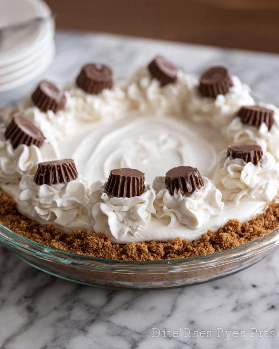 The image shows a pie in a clear glass pie dish placed on a white marbled surface. The pie has three visible layers: the bottom layer is a crumbly brown crust; the middle layer is a smooth, thick white cream filling; and the top layer is decorated with swirled dollops of white whipped cream around the edge. Each whipped cream dollop is topped with a small round chocolate candy cup. The center of the pie is covered with a smooth spread of white cream, with no decoration. Photo taken with an iphone --ar 4:5 --v 7