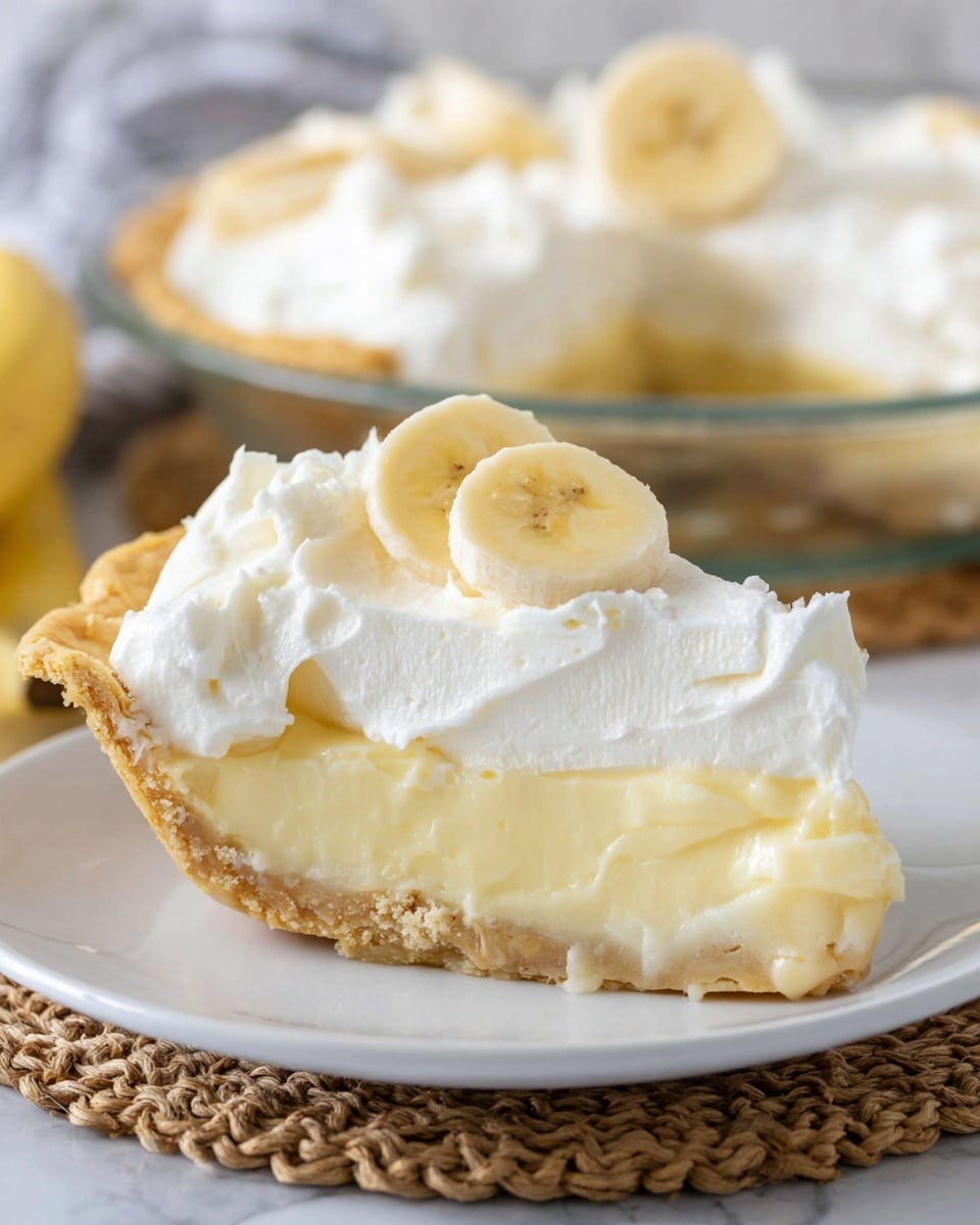 A close-up image of a slice of banana cream pie on a white plate resting on a woven mat, against a white marbled texture surface. The pie slice has three visible layers: a bottom golden-brown flaky crust with a crumbly texture, a thick middle layer of smooth pale yellow banana cream filling, and a top layer of fluffy white whipped cream. Two fresh banana slices sit on top of the whipped cream at the back of the slice. In the background, there is a clear glass pie dish filled with the rest of the pie, showing similar layers and topped with banana slices. photo taken with an iphone --ar 4:5 --v 7