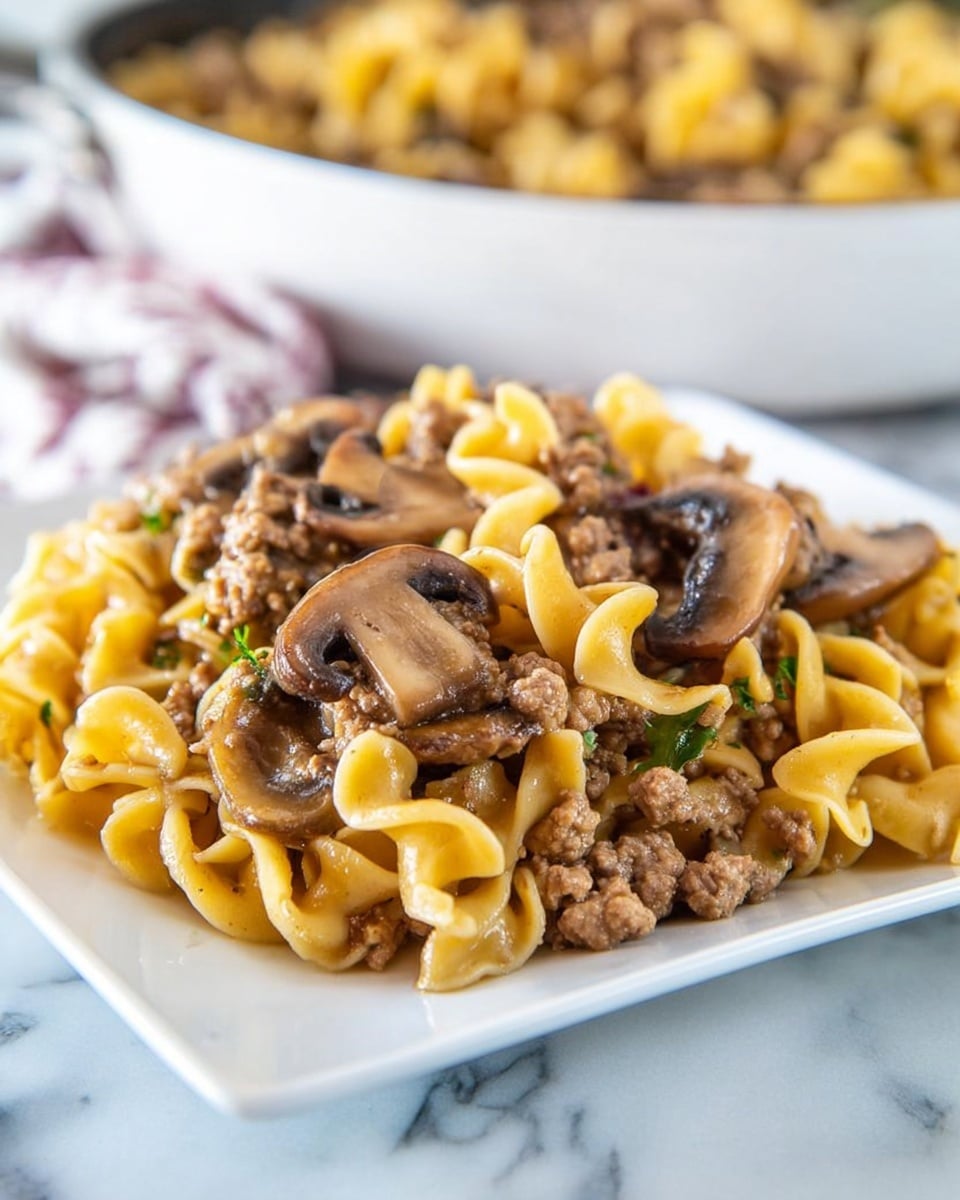 A close-up of a white square plate filled with a pile of twisted egg noodles mixed with brown ground meat and sliced mushrooms. The noodles are light yellow with a slightly oily texture, curling over and around the meat and mushrooms evenly. The meat is crumbly and browned, while the mushrooms are thick, dark brown, and glossy. In the blurred background, there is a white bowl with more of the same dish, placed on a white marbled surface. photo taken with an iphone --ar 4:5 --v 7