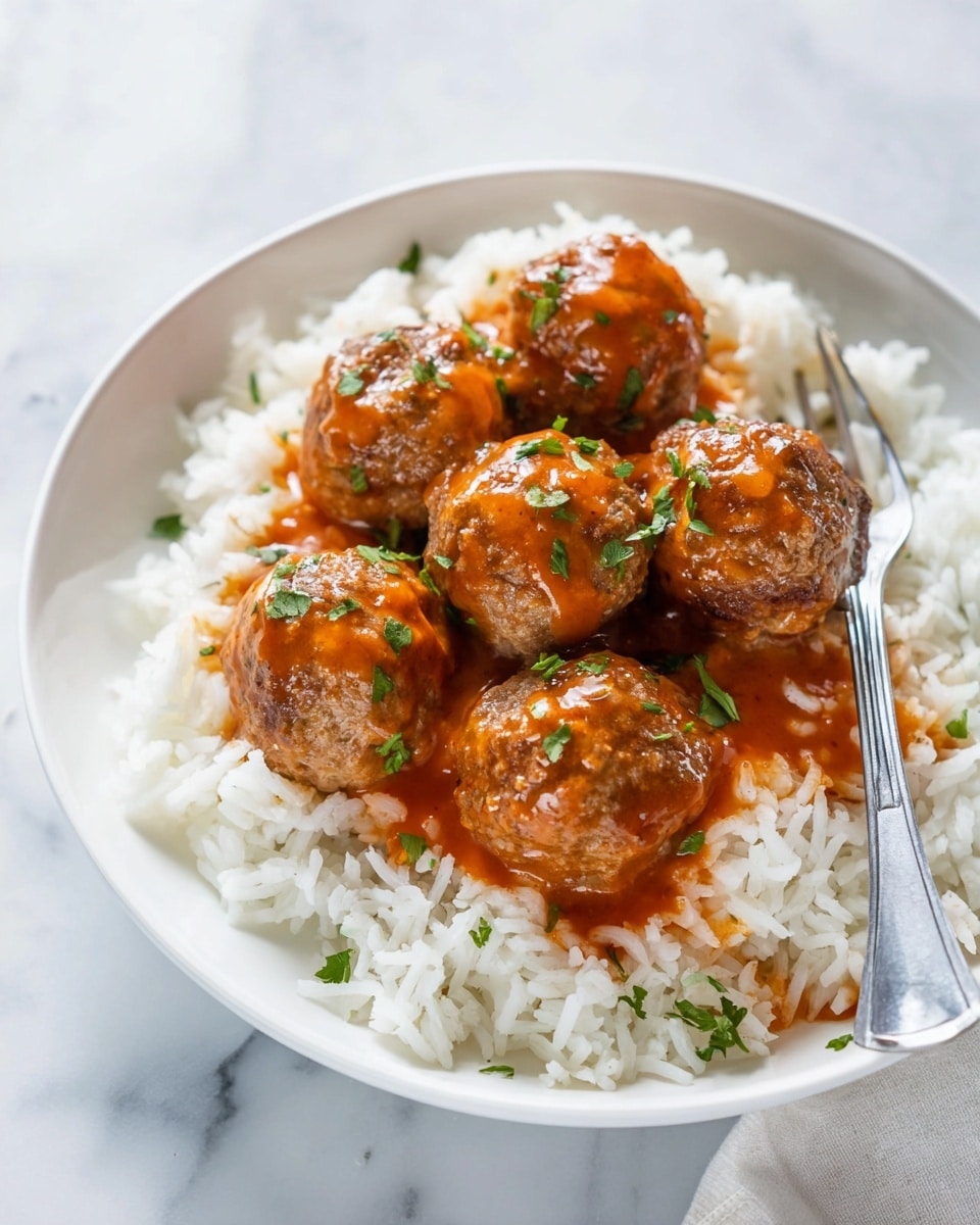A white plate filled with a base layer of fluffy white rice, topped with five brown meatballs that have a slightly crispy texture. Each meatball is covered with a smooth reddish-orange sauce and sprinkled with small pieces of green herbs. A silver fork is placed near the edge of the rice on the right side. The background shows a white marbled texture. photo taken with an iphone --ar 4:5 --v 7