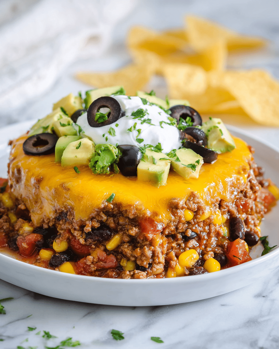 A layered dish sits on a white plate with a base of cooked ground meat mixed with black beans, corn, and diced tomatoes, showing a chunky and colorful texture of brown, yellow, red, and black. On top is a thick, melted layer of bright orange cheddar cheese covering the meat mixture. Above the cheese, there are small chunks of light green avocado, halved black olives, and a dollop of smooth white sour cream sprinkled with chopped green herbs. The plate rests on a white marbled surface with a few yellow tortilla chips blurred in the background. photo taken with an iphone --ar 4:5 --v 7