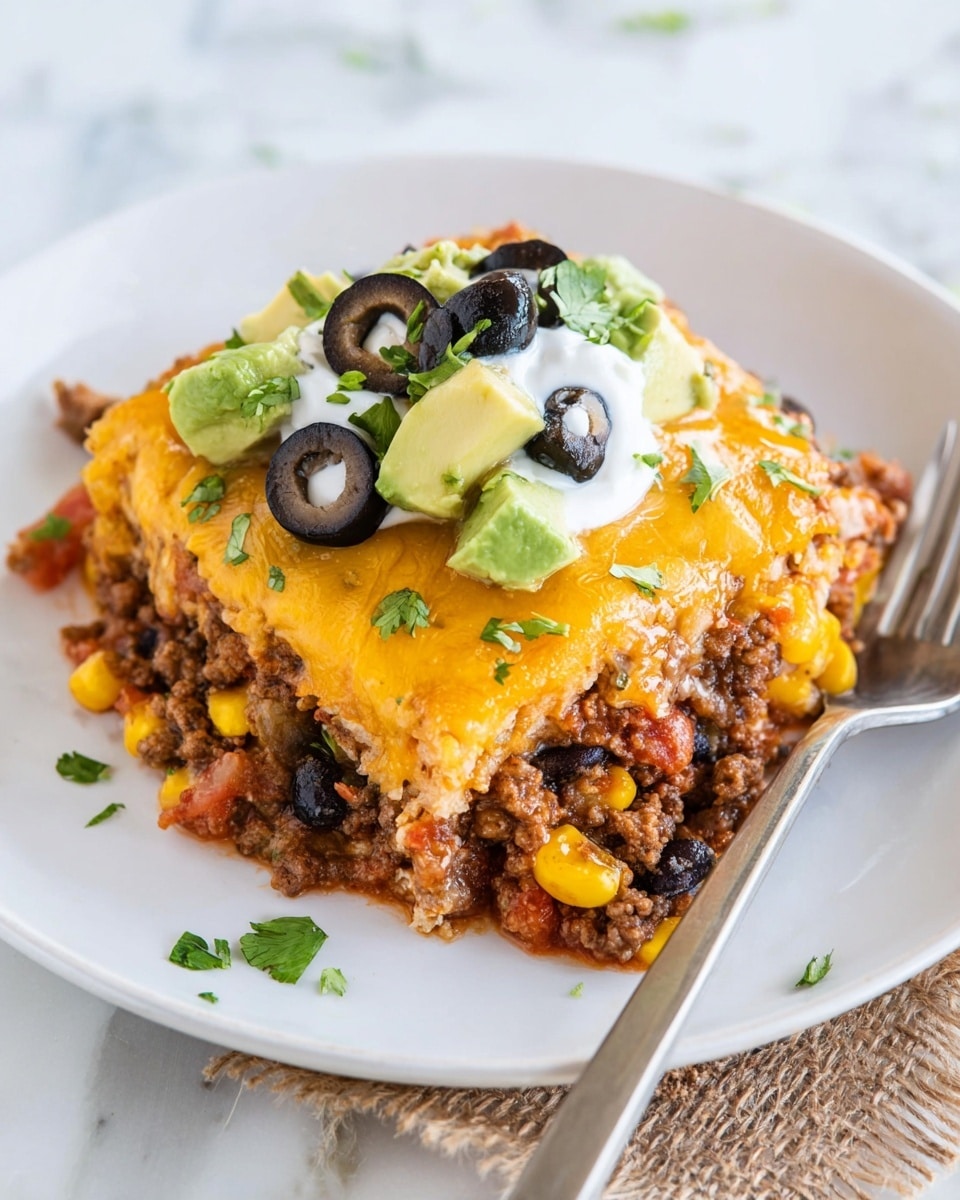 A square serving of layered taco casserole sits on a white plate with a metal fork resting on the edge. The bottom layer is a mix of seasoned ground beef with visible pieces of black beans, corn, and diced tomatoes, showing a chunky and hearty texture. Above this is a thick, melted bright orange cheddar cheese layer that covers the meat mixture completely. On top, slices of black olives, chunky green avocado pieces, and a dollop of white sour cream garnish the dish, sprinkled with small bits of fresh green cilantro. The plate is placed on a white marbled surface with a bit of textured burlap visible at the bottom right corner. photo taken with an iphone --ar 4:5 --v 7