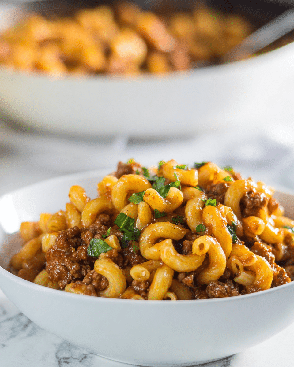 A close-up of a white bowl filled with macaroni pasta layered evenly with ground beef cooked in a rich tomato sauce. The top layer shows golden-yellow curved macaroni tubes mixed with small crumbles of browned beef, and fresh chopped green herb pieces scattered on top for a touch of color. In the blurred background, there is a white pan also filled with the same macaroni and beef dish, sitting on a surface covered with a white marbled texture. Photo taken with an iphone --ar 4:5 --v 7