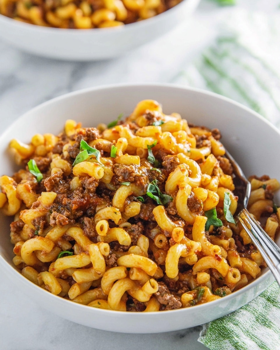 A close-up view of a white bowl filled with a single-layer serving of elbow macaroni mixed with ground beef and a light red sauce, creating a textured mix of yellow pasta and brown meat bits. Small green herb pieces are scattered on top as garnish. A silver fork rests on the right side inside the bowl. The bowl is set on a white marbled surface with a blurry background showing another white bowl and a green-striped cloth. Photo taken with an iphone --ar 4:5 --v 7