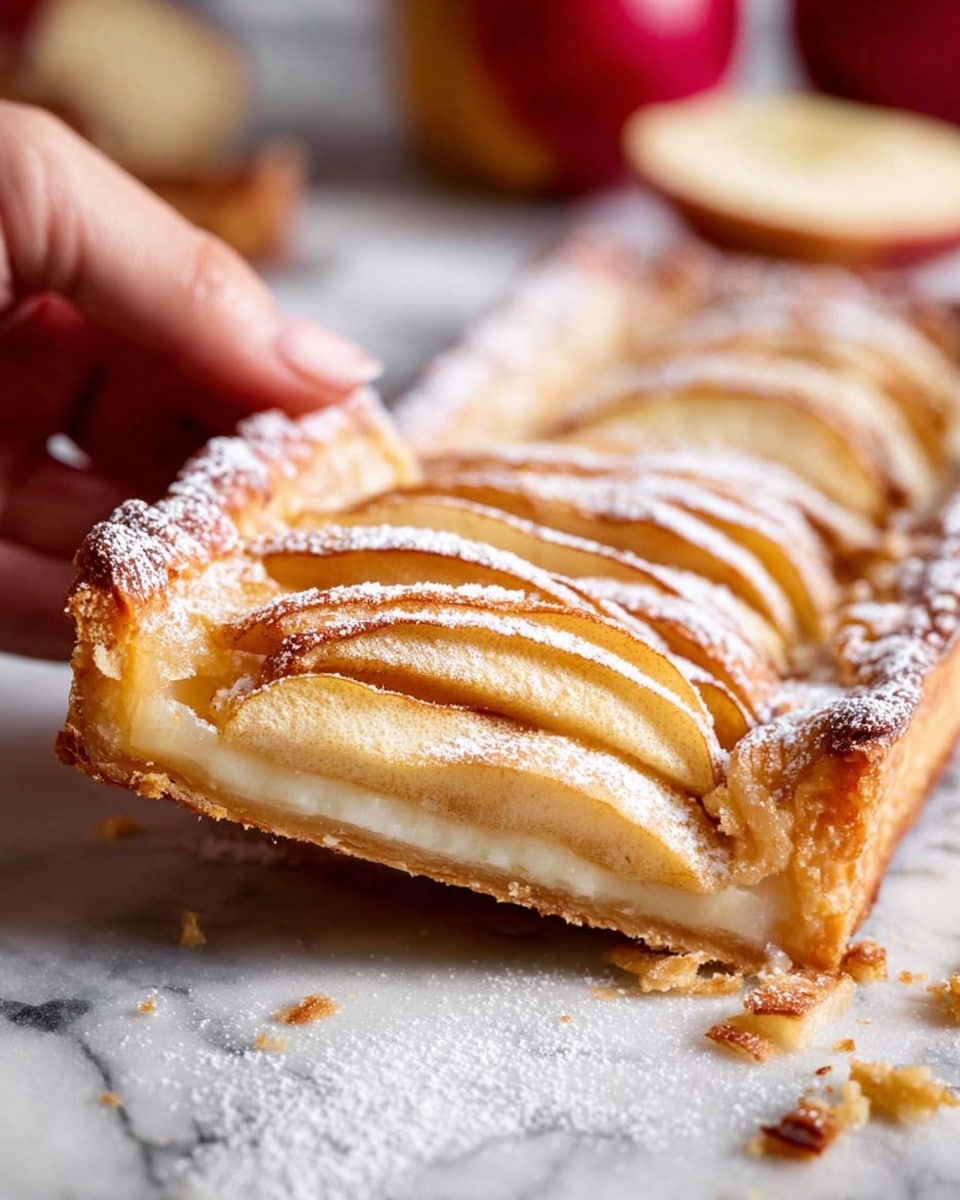 A rectangular pastry tart is shown being lifted by a woman's hand. The tart has a golden-brown, flaky crust around the edges, dusted lightly with powdered sugar. Inside, there are thinly sliced apple pieces arranged in an overlapping pattern forming a neat layer. The filling beneath the apples appears smooth and pale, contrasting with the crisp texture of the crust and the soft, slightly shiny apple slices. The tart rests on a white marbled surface with some powdered sugar and crumbs scattered around. In the background, blurred red apple halves are visible. photo taken with an iphone --ar 4:5 --v 7