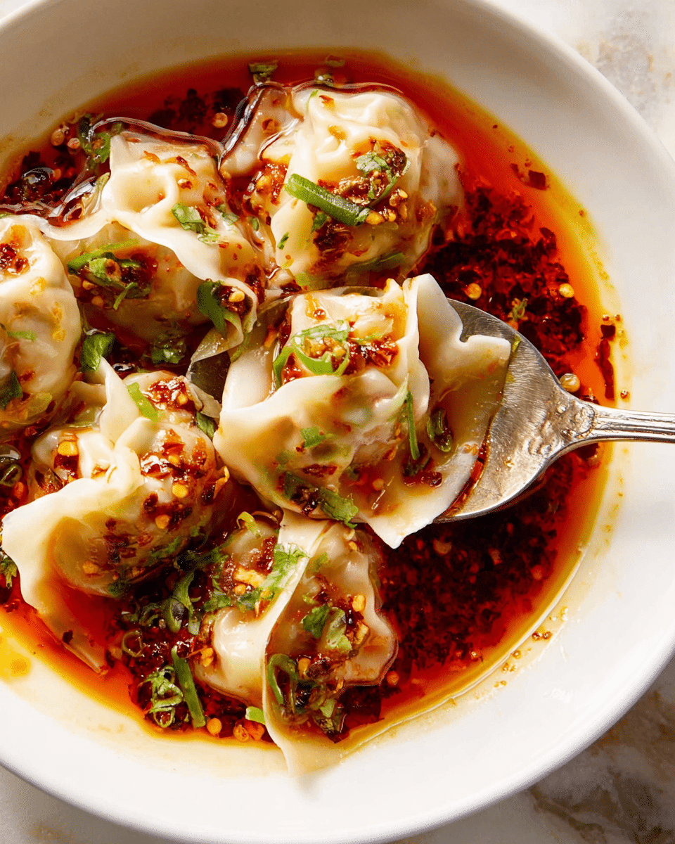 The image shows a close-up of several dumplings with thin, slightly translucent white wrappers folded around the filling. The dumplings sit in a bowl filled with a deep red-orange sauce that has a glossy, oily texture with visible chili flakes and small bits of garlic or spices floating in it. Fresh, chopped green herbs, likely scallions, are sprinkled on top of the dumplings, adding a pop of green color. A silver spoon rests in the bowl, partly submerged in the sauce, with a dumpling lifted slightly above the surface. The bowl is white and smooth, and the background is a white marbled texture. photo taken with an iphone --ar 4:5 --v 7