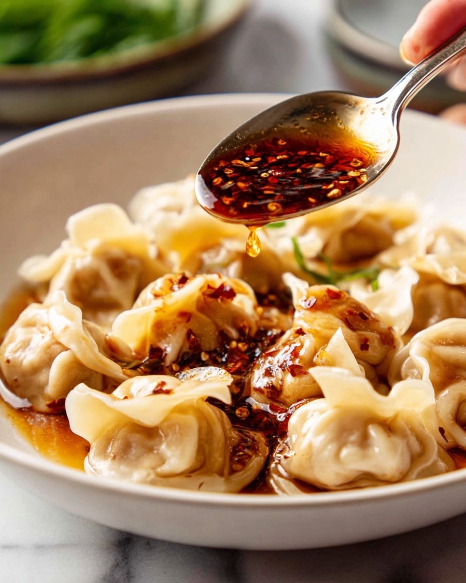 A white bowl filled with many soft, light beige dumplings that have wrinkled edges and round, filled centers. A spoon held by a woman's hand is pouring a rich, glossy dark red chili oil sauce over the dumplings. The sauce spreads over the dumplings, adding a shiny texture and small bits of chili flakes. The background shows a blurred green object and the bowl rests on a white marbled surface. Photo taken with an iphone --ar 4:5 --v 7