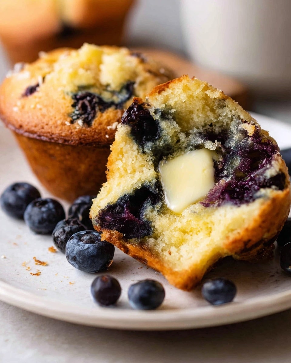 A close-up view of a golden brown blueberry muffin on a white plate with a white marbled texture surface, showing the muffin broken open to reveal soft, light yellow cake inside filled with many dark purple blueberries and a melted patch of creamy butter in the center; the outer crust is slightly rough and crispy, with some loose blueberries scattered around the plate. Photo taken with an iphone --ar 4:5 --v 7