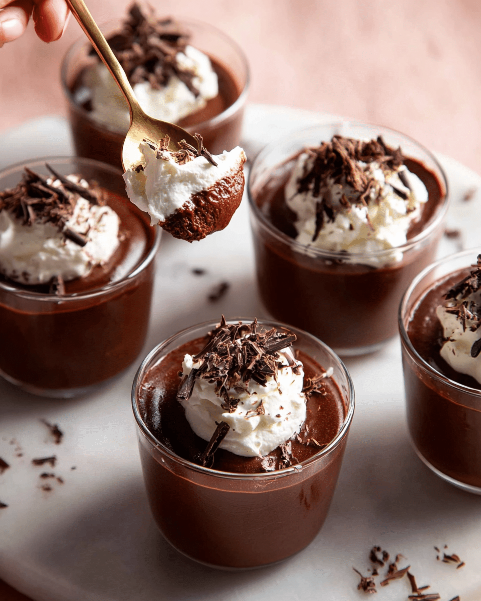 The image shows five clear glass cups filled with a dark, glossy chocolate mousse layer that is smooth and thick, taking up the entire visible space in each cup. On top of the mousse is a dollop of white whipped cream with a fluffy texture, placed slightly off-center on each cup. Dark chocolate shavings are sprinkled over the whipped cream, adding texture and contrast with their irregular shapes. One glass has a golden spoon scooping up a mix of the chocolate mousse and whipped cream, held by a woman's hand. All the glasses are set on a white marbled surface that softly reflects the light. photo taken with an iphone --ar 4:5 --v 7