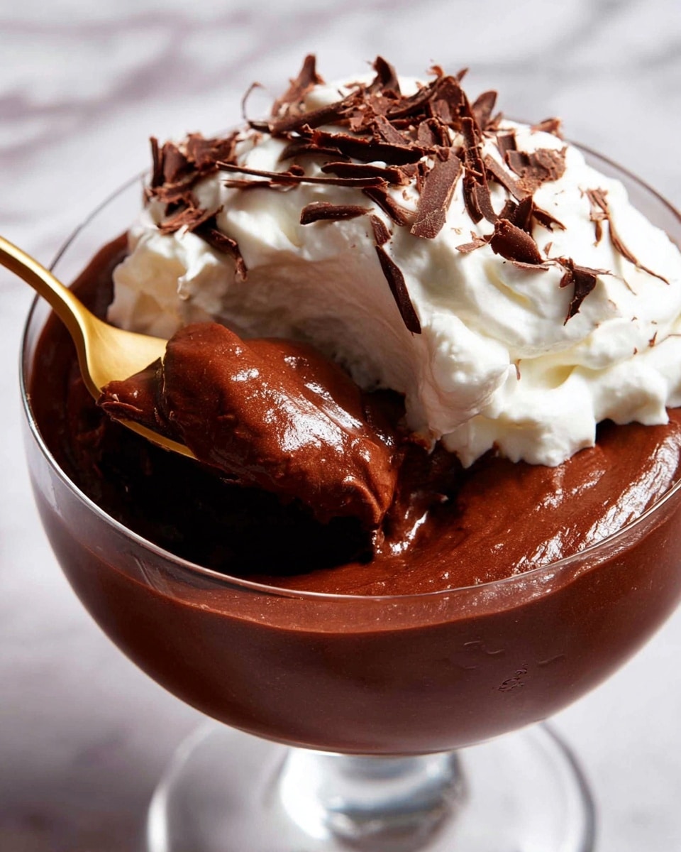 A clear glass bowl filled with two main layers: the bottom thick, rich, and shiny dark chocolate mousse with a smooth and creamy texture, and on top a generous dollop of white whipped cream, soft and fluffy, sprinkled with thin dark chocolate shavings. A golden spoon is scooping the chocolate mousse from the bowl. The background is a white marbled texture. photo taken with an iphone --ar 4:5 --v 7