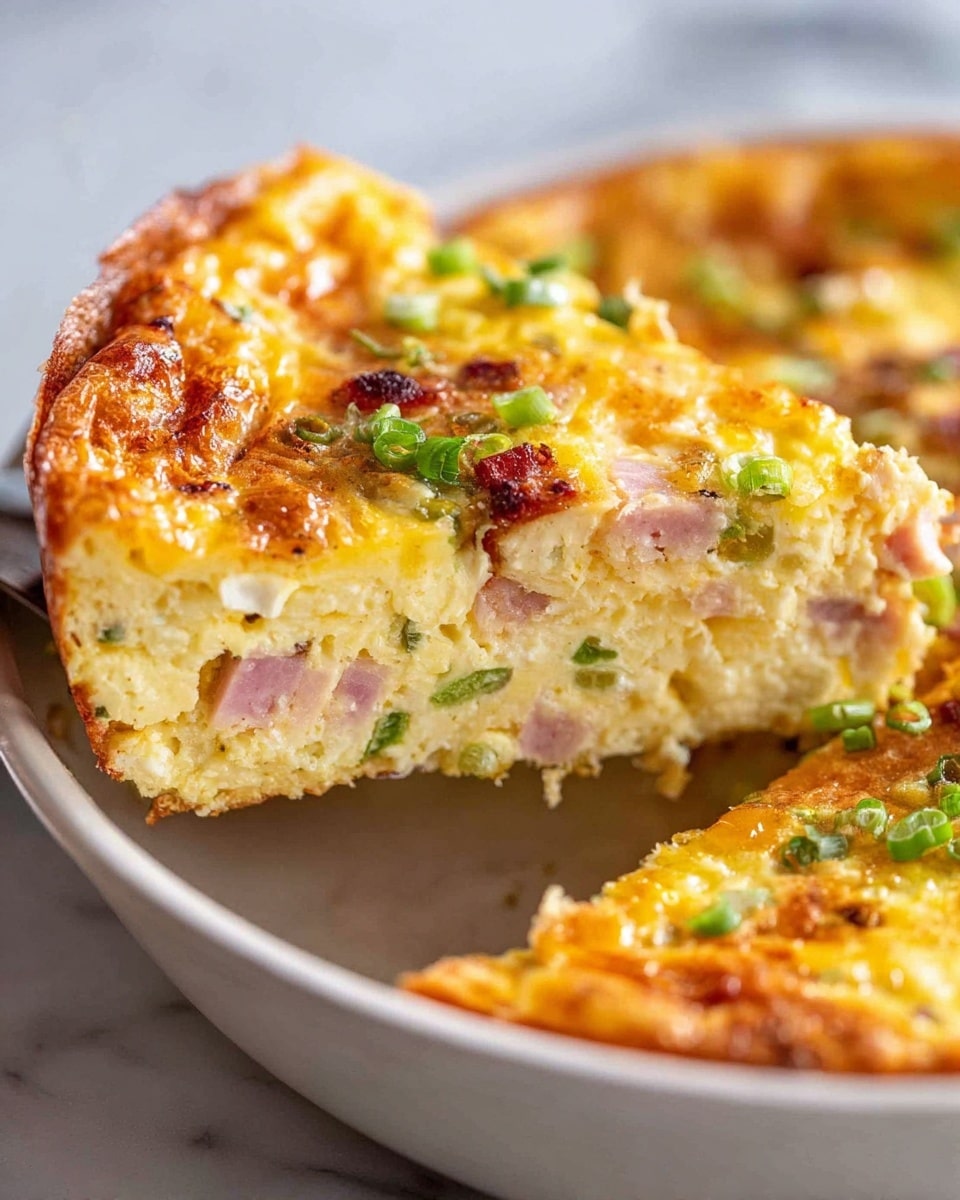 A close-up of a thick slice of cheesy egg bake being lifted from a white round pan, showing three main layers: a golden, slightly crispy top with melted cheese and small bits of green onions; a dense, creamy middle layer filled with chopped ham pieces and green onion slices; and a firm, light yellow bottom layer that holds the dish together. The slice has a soft, fluffy texture with the ham and green onions spread evenly inside. The white round pan sits on a white marbled surface. photo taken with an iphone --ar 4:5 --v 7