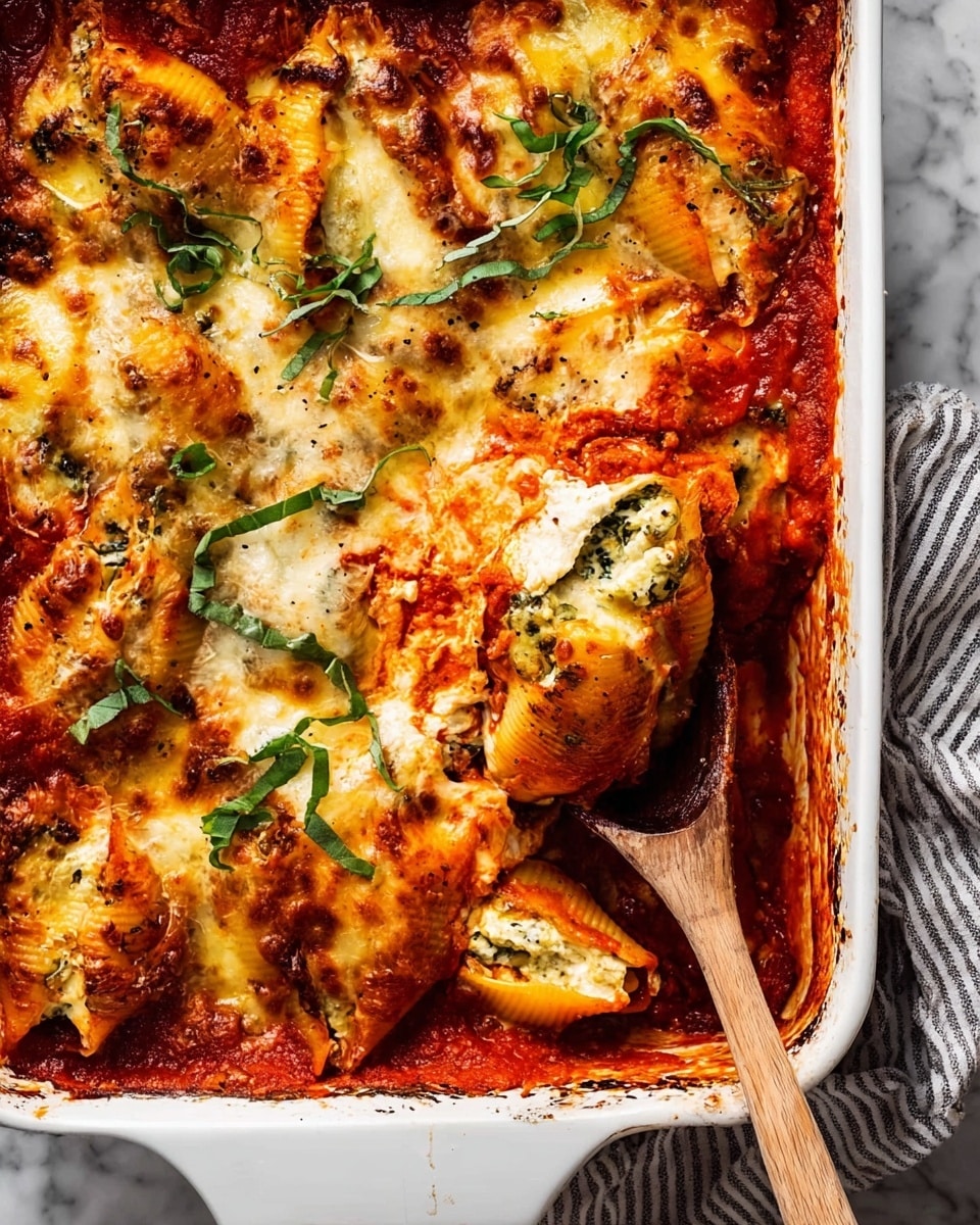 The dish is a baked stuffed pasta shells casserole in a white rectangular dish. The first layer is a rich red tomato sauce spread evenly at the bottom, topped by large pasta shells filled with green and white creamy mixture visible inside some shells. Over the stuffed shells is a melted cheese layer, bubbly and golden brown in places, with some patches of bright red sauce showing through. Fresh green basil strips are sprinkled on top, adding a fresh color contrast. A wooden spoon is scooping one shell from the right corner, showing the texture of the sauce and filling. The dish is placed on a white marbled surface with part of a striped cloth visible at the right edge. Photo taken with an iphone --ar 4:5 --v 7