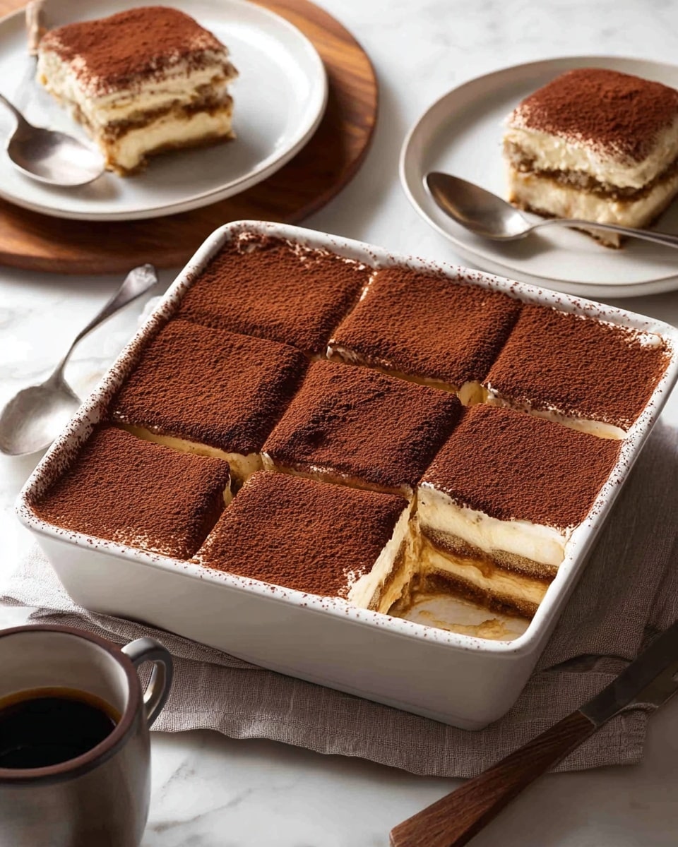 A square white ceramic dish contains six pieces of tiramisu, each topped with a thick layer of cocoa powder dusted evenly. One piece is missing from the bottom right corner, showing three visible layers inside: a light brown coffee-soaked layer at the bottom, a creamy white mascarpone middle layer, and a second coffee-soaked layer just below the cocoa powder top. Two white plates with one piece of tiramisu each sit in the background on a wooden table, with silver spoons beside them. A silver cup of coffee is placed to the bottom left of the dish. The whole scene is set on a white marbled texture. Photo taken with an iphone --ar 4:5 --v 7