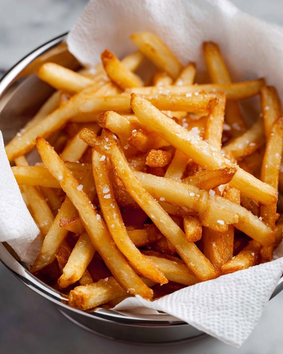 A close-up of a silver bowl lined with white paper towels filled with many thin golden-brown French fries, some having a sprinkled layer of coarse salt on top. The fries show a mix of crispy and slightly soft textures with a shiny, fried surface. The bowl is placed on a white marbled surface. photo taken with an iphone --ar 4:5 --v 7