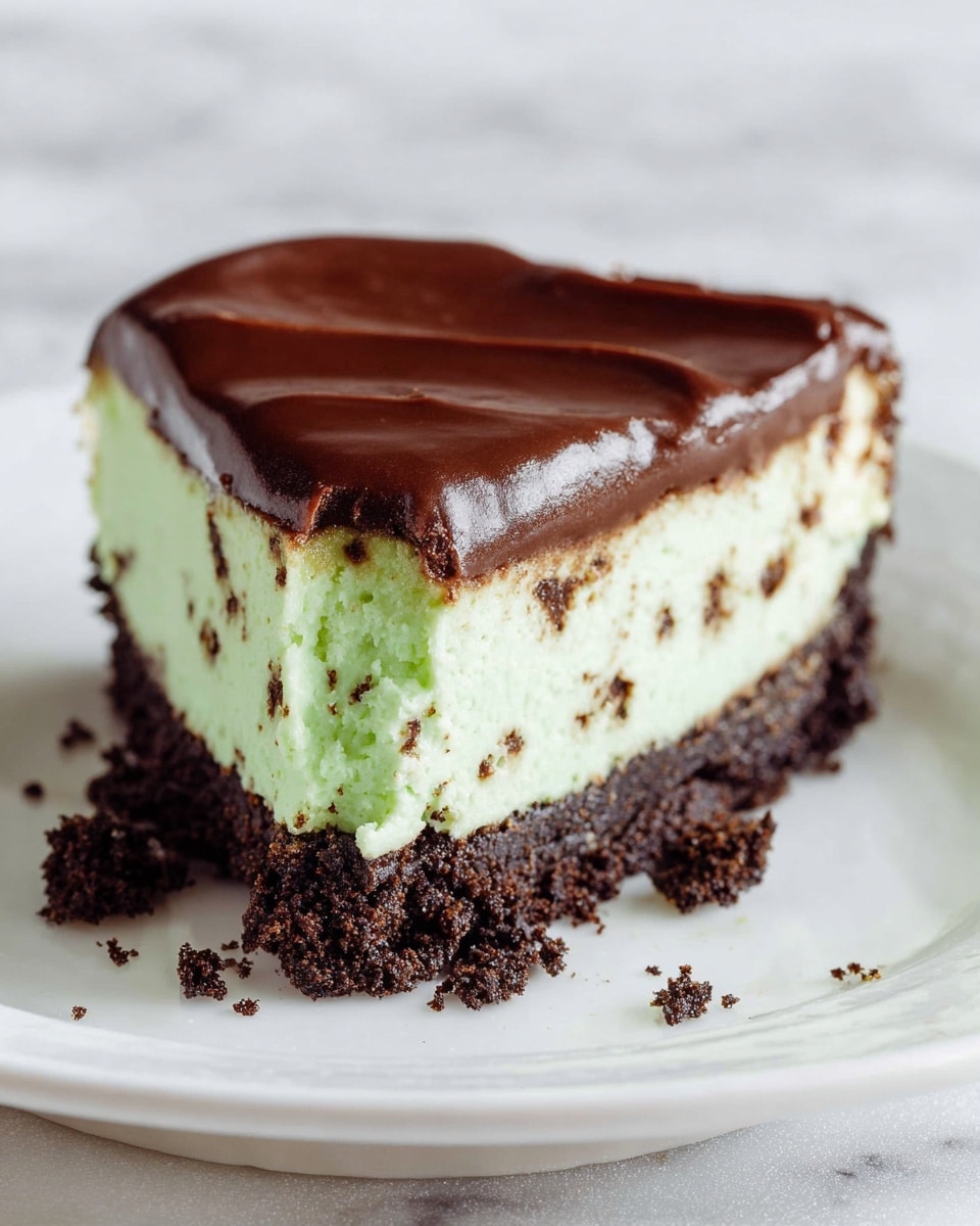 A close-up of a slice of three-layer dessert on a white plate with a white marbled texture background. The bottom layer is a dark, crumbly crust with pieces scattered around the plate; the middle layer is thick and pale green with a soft, creamy texture and small dark spots throughout. The top layer is a smooth, glossy chocolate ganache that has a slight wave pattern and a few peaks, covering the slice evenly. Photo taken with an iphone --ar 4:5 --v 7
