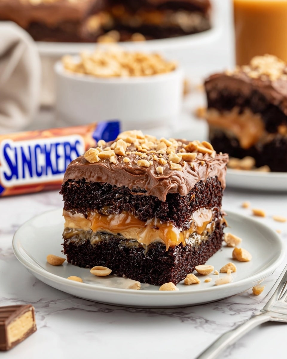 A close-up view of a single square piece of chocolate cake with three layers: the bottom and top layers are dark chocolate cake, the middle layer is caramel with visible peanuts mixed in, and it is topped with thick, creamy chocolate frosting sprinkled with chopped peanuts. The cake slice sits on a white plate placed on a white marbled surface. In the background, there is another piece of the same cake on a white plate, a couple of Snickers candy bars, a white bowl with peanuts, and a glass of caramel-colored drink, slightly blurred. Photo taken with an iphone --ar 4:5 --v 7