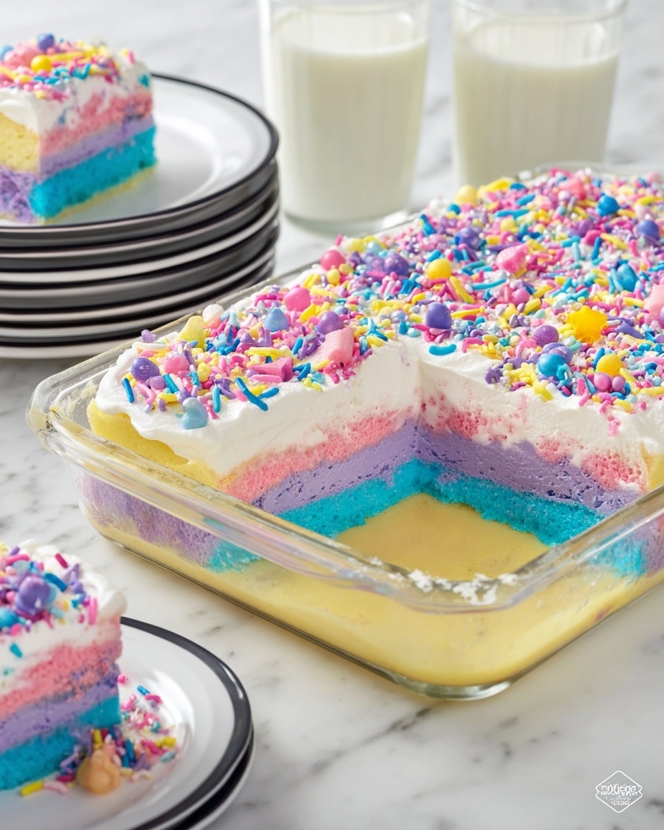 A rectangular glass baking dish holds a multi-layered colorful cake with three visible layers: a bright blue bottom layer, a purple middle layer, and a pink top layer. Above the cake layers is a smooth pale yellow custard layer, followed by a thick white whipped cream topping. The whipped cream is covered with a mix of colorful sprinkles in pink, blue, purple, and yellow shapes like dots, stars, and rods. A single square piece of the cake is cut out and placed on a stack of white plates with black rims in the background, showing the same color layers clearly. Two glasses of milk are visible behind the cake, all resting on a white marbled surface. Photo taken with an iphone --ar 4:5 --v 7
