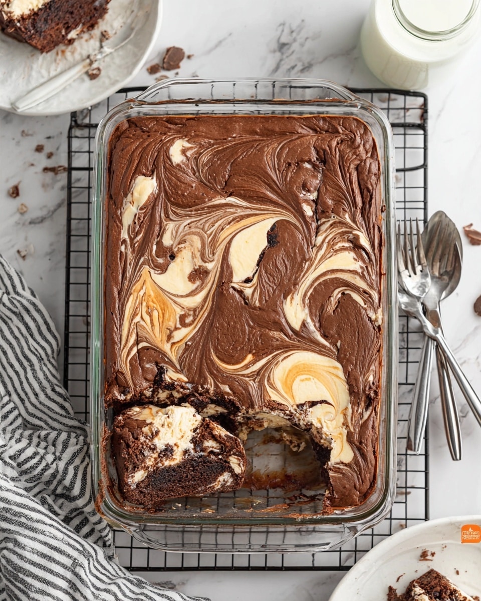 The image shows a glass baking dish filled with a thick, marbled dessert with two main layers: a rich dark brown chocolate layer and a creamy light beige cheesecake layer swirled together on top. The dessert is mostly intact but has a few scooped-out sections showing the creamy white-inner cheesecake layer underneath the chocolate top. The dish is placed on a black wire cooling rack over a white marbled surface with a glass of milk and a white plate with three silver forks nearby. A striped black and white cloth is partially visible at the bottom left corner. photo taken with an iphone --ar 4:5 --v 7